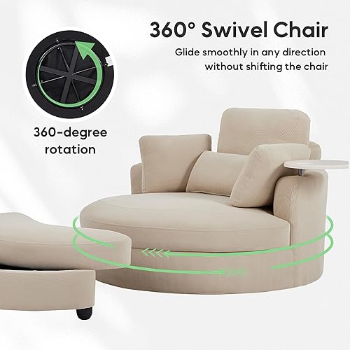 Miniatura 4 de Yoglad Silla redonda giratoria de gran tamaño, sillas de 360 grados con bandeja otomana para reposabrazos ideal para sala de estar, dormitorio (pana