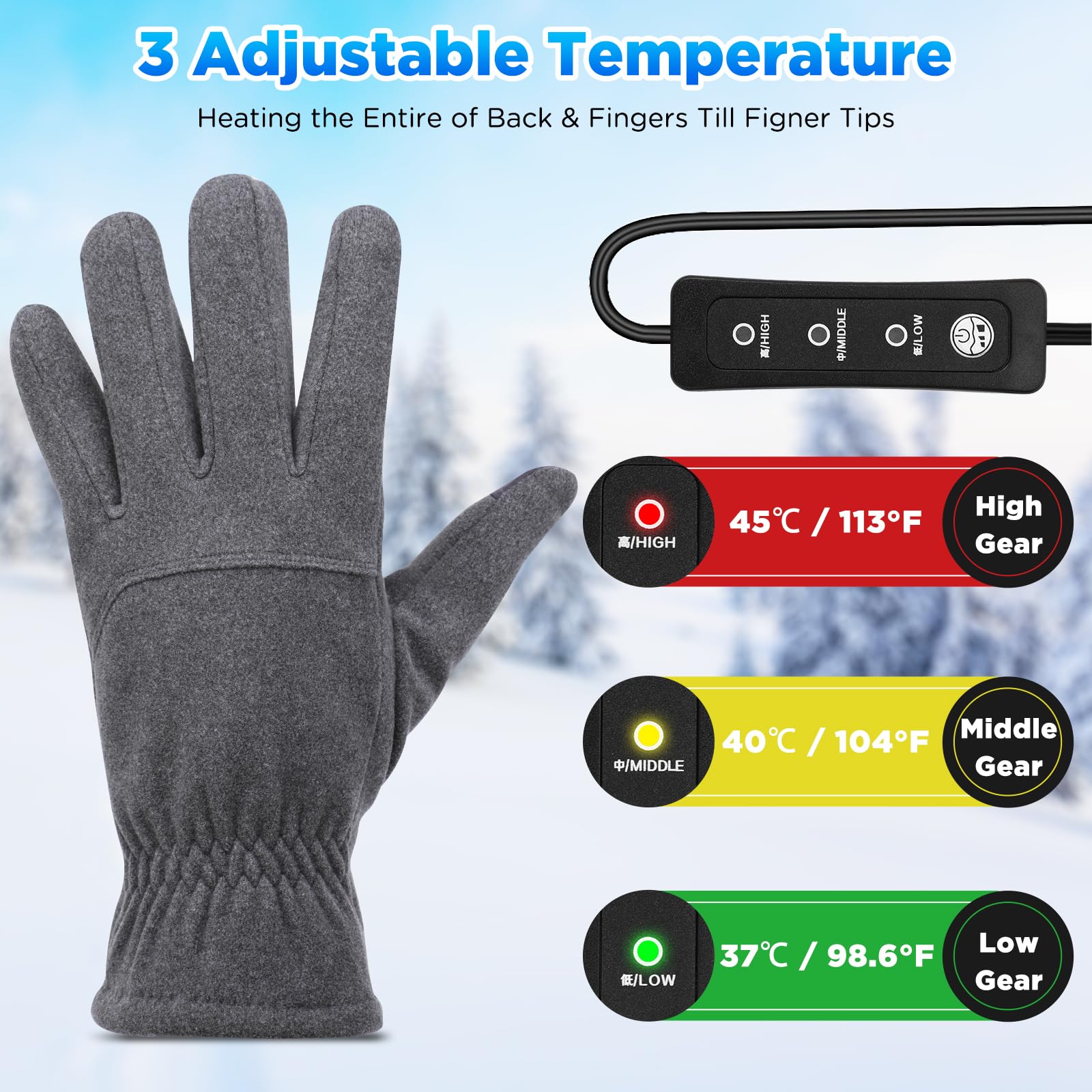 Guantes Calefactables USB para Hombres Mujeres, Guantes Aptos para Pantallas Táctiles Guantes Calefactores de Punto Guantes de calefacción de Temperatura Ajustable para Interior y Exterior