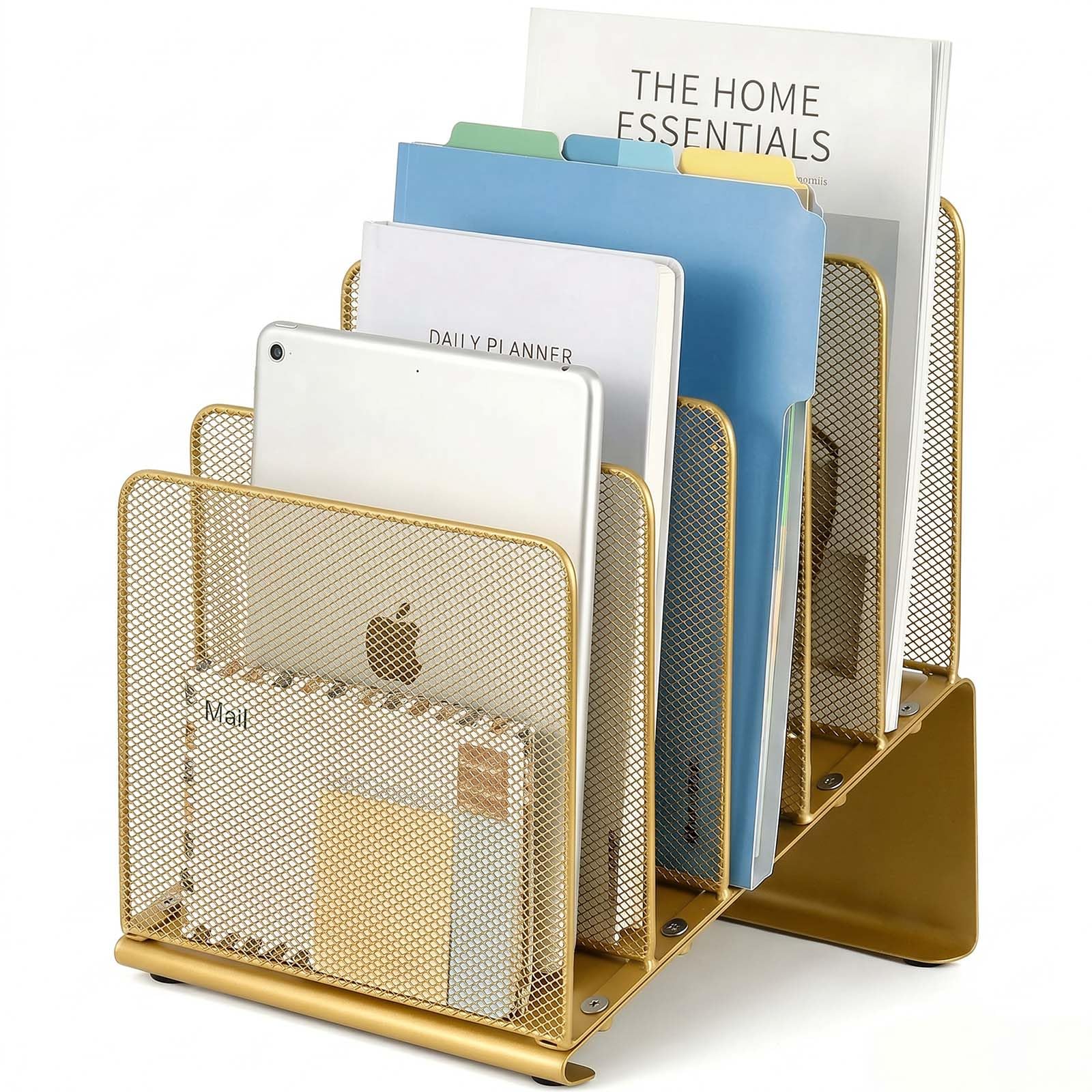 LEKETREE Aktenordner für Schreibtisch, Aktenordner, Organizer mit 5 Fächern, vertikales Regal, geeignet für Home Office, Dokumentenorganisation und Aufbewahrung (Gold)
