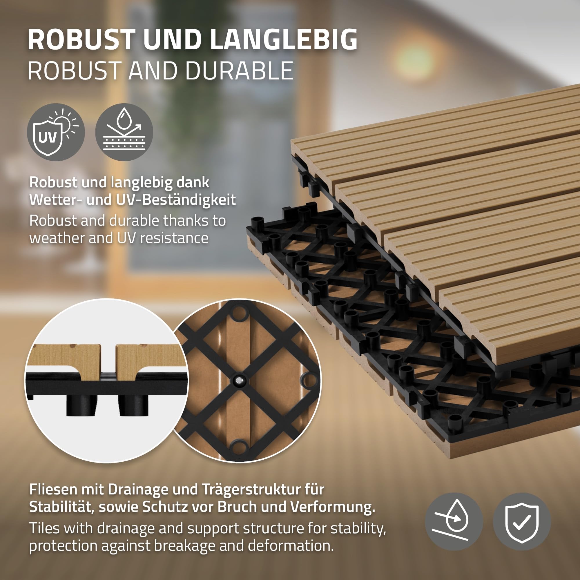 ECD Germany Piastrelle per Pavimenti da Esterno Piastrelle per Terrazze in WPC 60x30 cm Set di 6 Pezzi 1 m² Colore Teak con Aspetto Legno Piastrelle da Giardino con Drenaggio e Sistema Plug-in