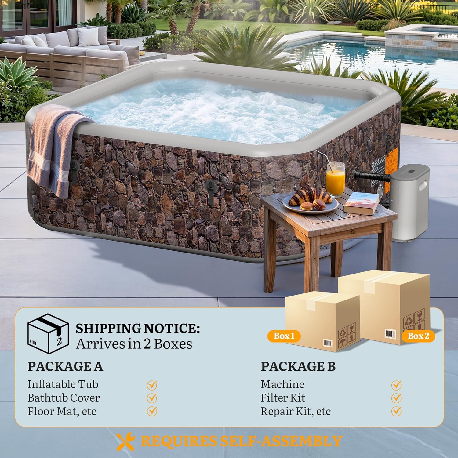 77" Premium Drop-Stitch Inflatable Hot Tub for 6 Person, Rigid Portable Outdoor Spa with 180 Massage Jets, Smart Heating Pump, Foil-Lined Thermal Cover, Square, Natural Stone