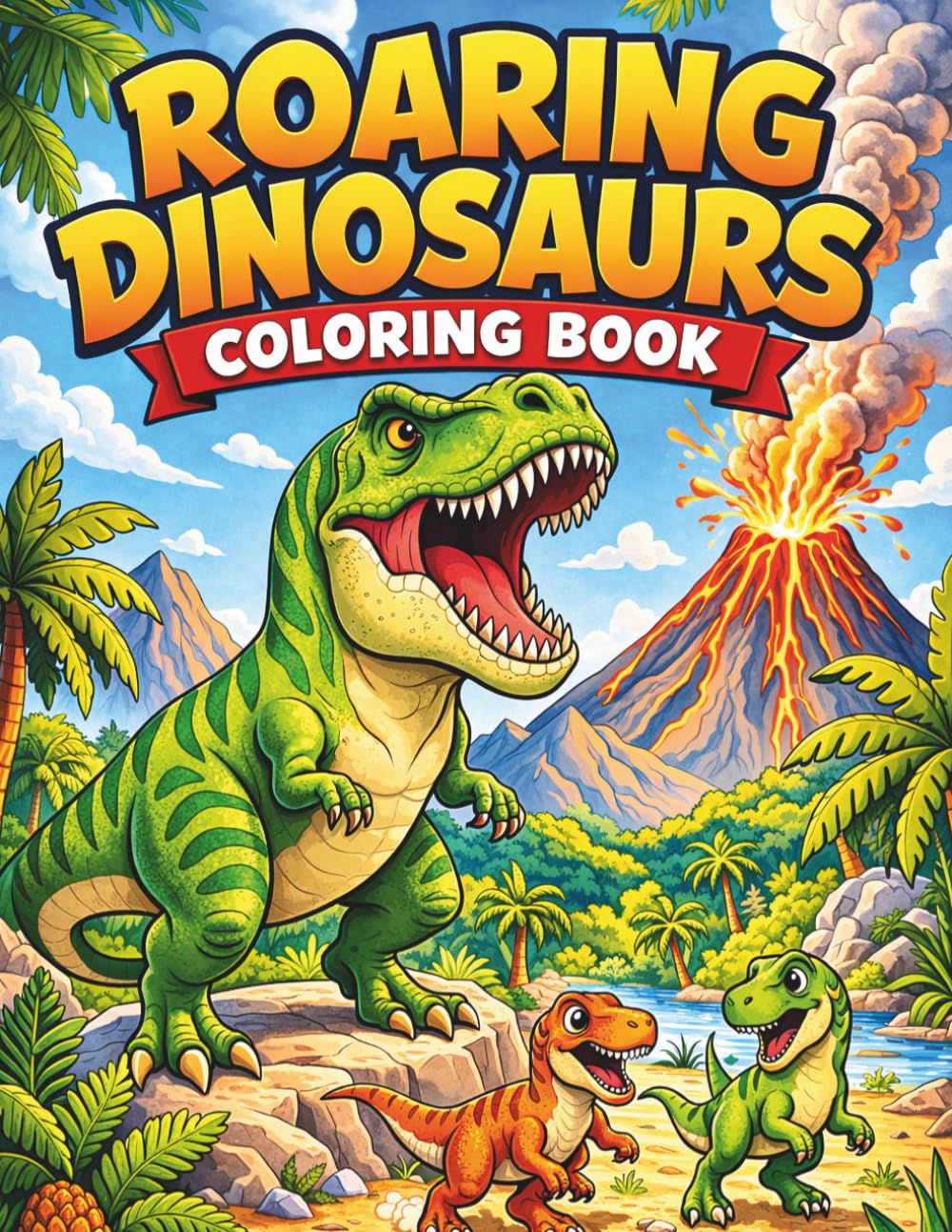 Roaring Dinosaurs Coloring Book Fun and Easy Dinosaur Pages for Kids Ages 6-8: Easy and Fun Prehistoric Coloring Pages with T-Rex, Triceratops, Velociraptor and More Dinosaurs
