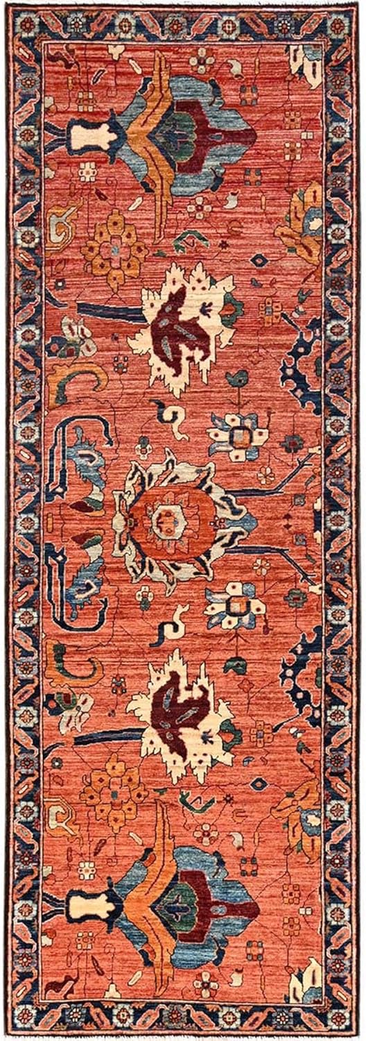 Hand Knotted Antiqued Floral Design Wool Runner Oriental Rug, Yam Orange, 3'3"x9'9