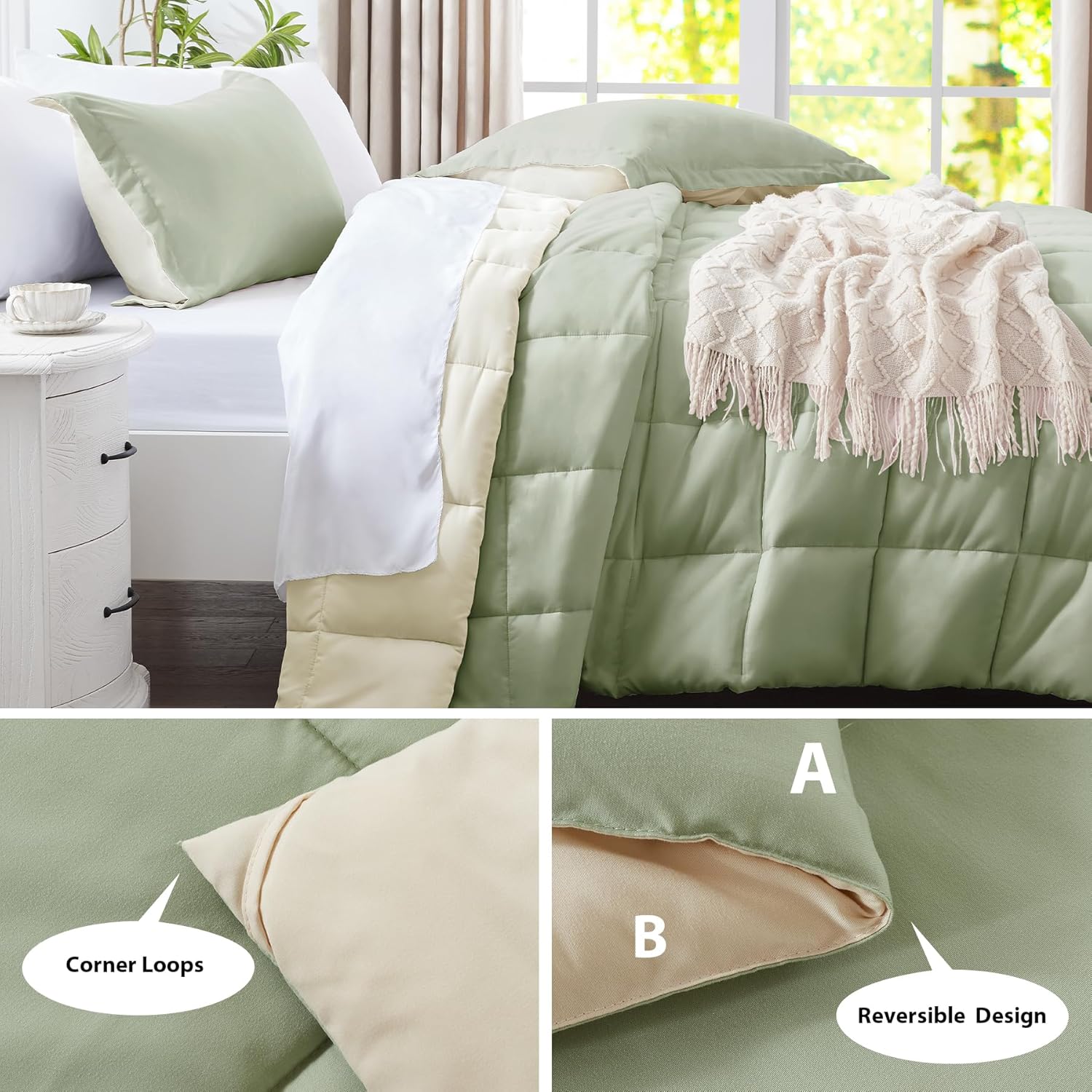 SunStyle Home Queen Comforter Set - 3 Pieces Box Stitched Reversible Comforters Queen Size, Lightweight Bedding Sets with 1 Down Alternative Comforter and 2 Pillow Shams for All Seasons,Sage & Khaki