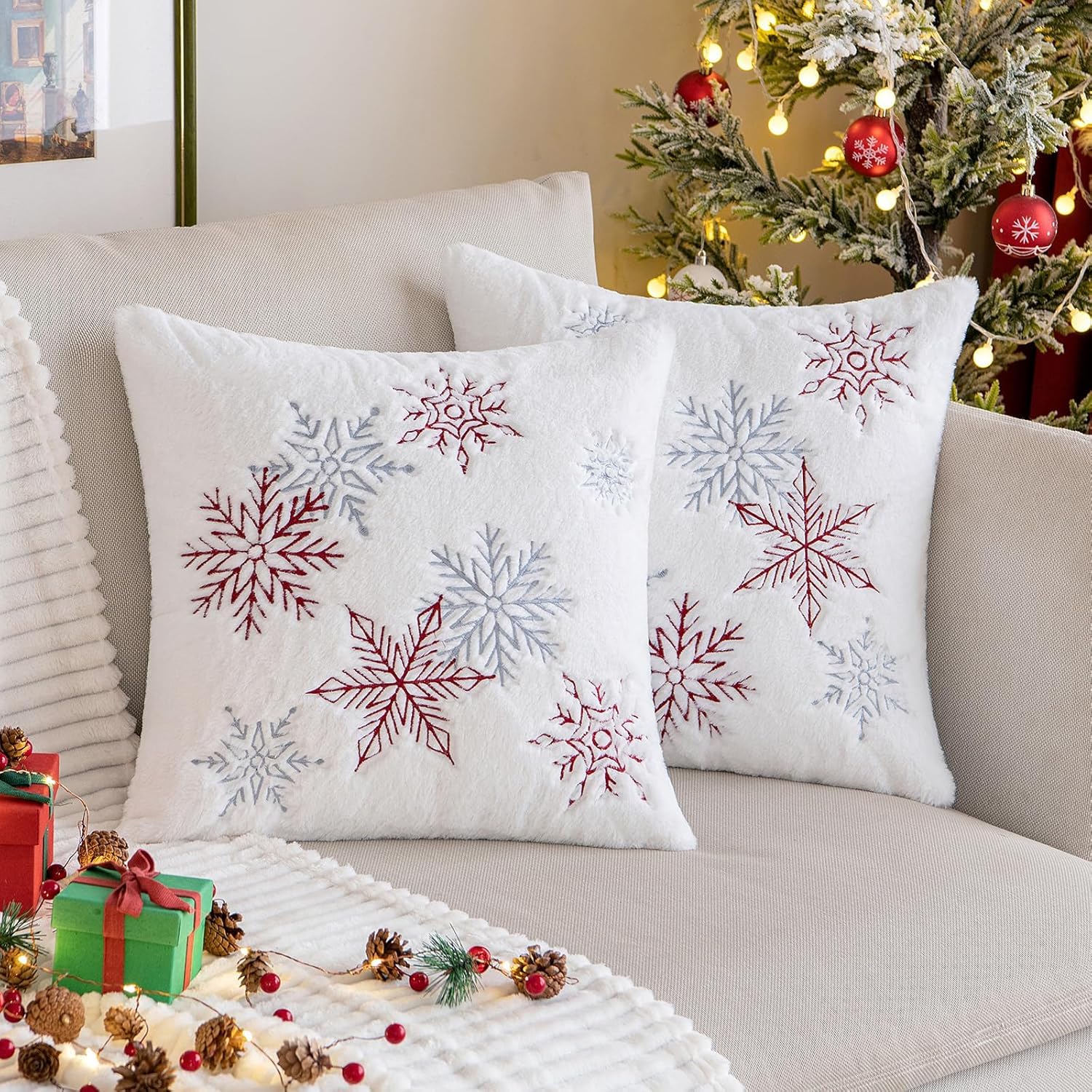 MIULEE 2er Set Weihnachten Weihnachtskissen Kissenbezüge Schnee Dekokissen Fellkissen Weich und Kuschelig Kissenhülle Kissenbezug Sofakissen Zierkissen Kuschelkissen für Wohnzimmer 50x50cm,Weinrot