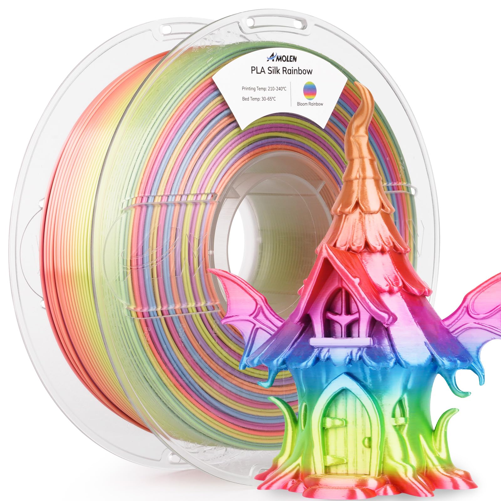 AMOLEN Silk PLA 3D Printer Filament, Shiny Multicolor Rainbow PLA Filament 1.75mm, Gradient Color Change PLA 3D Printing Filament for Most FDM 3D Printer, Pink Blue Purple Green Yellow, 1kg (2.2lbs)