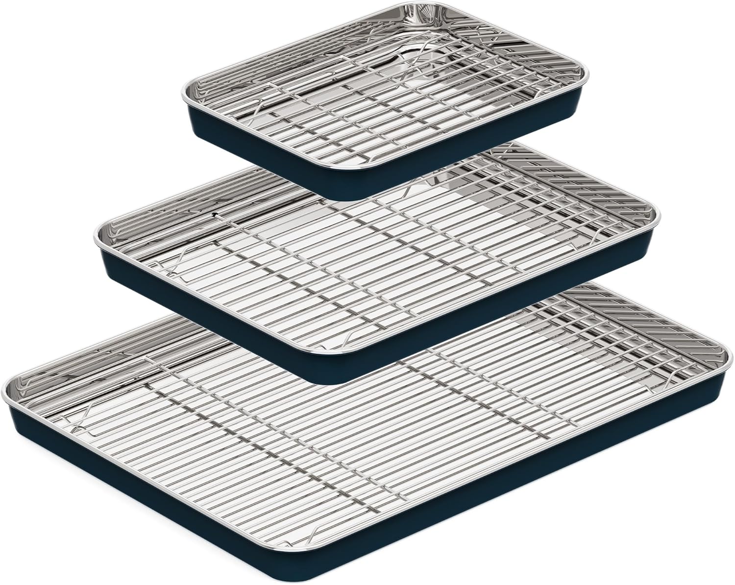 BRONYPRO Stainless Steel Baking Sheet with Wire Rack Pan (3 Pans + 3 Racks), Cookie Sheets 9/12/16 In, Non-Toxic (PFOA & PTFE Free), Solid Warp-Resistant Cooking Trays for Oven & Toaster, Navy
