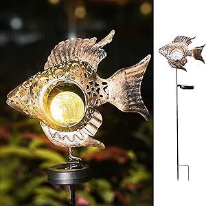 Garden Solar Lights Metal Fish Crackle Glass Globe Stake Lights Solar Outdoor Lights and Waterproof Metal Decorative for Lawn, Yard Art, Pathway, Patio Decor(Bronze) (Fish-Bronze)