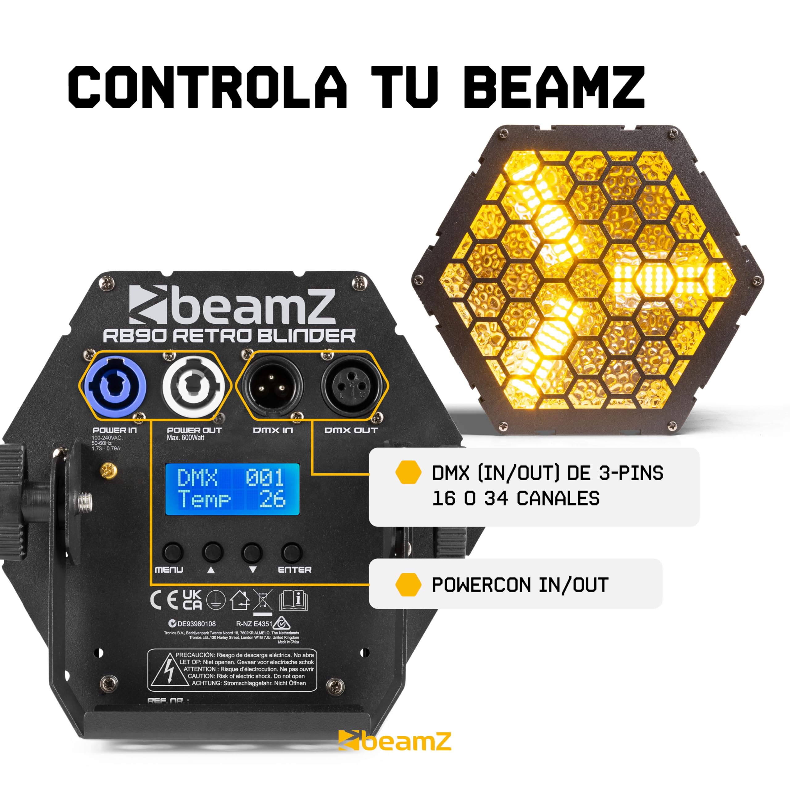 BeamZ RB90 - Pack 7 Cegadoras Retro LED RGB Blanco Calido 3x30W DMX 16/34 Canales 72 LED SMD RGB Dimmer Lineal 100% Efectos Automaticos Master Slave Iluminacion Escenica Profesional