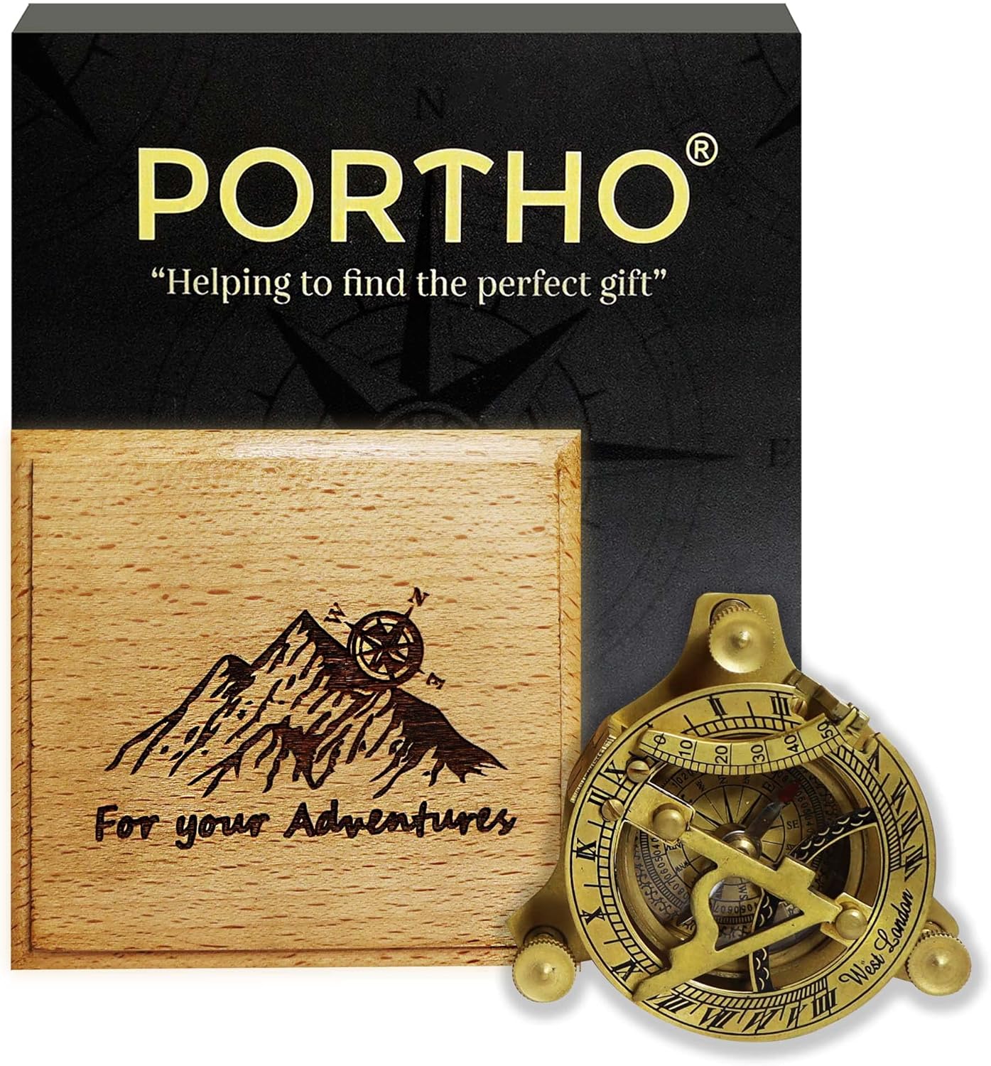 Engraved Brass Pocket Compass with Wooden Box – ‘for Your Adventures’ Sundial Compass Gift for Men, Son, Husband, Grandson – Graduation, Baptism, Confirmation Keepsake