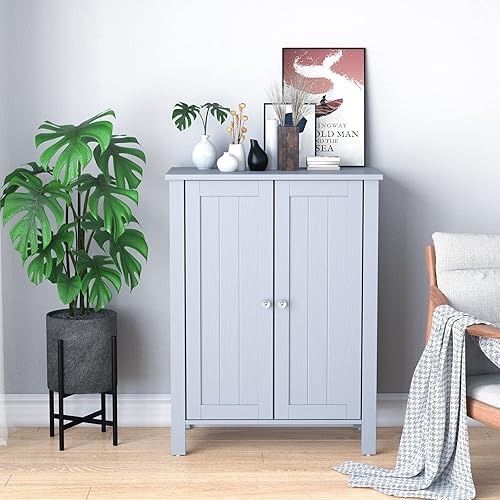 Miniatura 2 de Tangkula Armario de suelo de baño, armario de almacenamiento de 3 niveles con puerta doble y estante ajustable, gabinete de baño de madera para