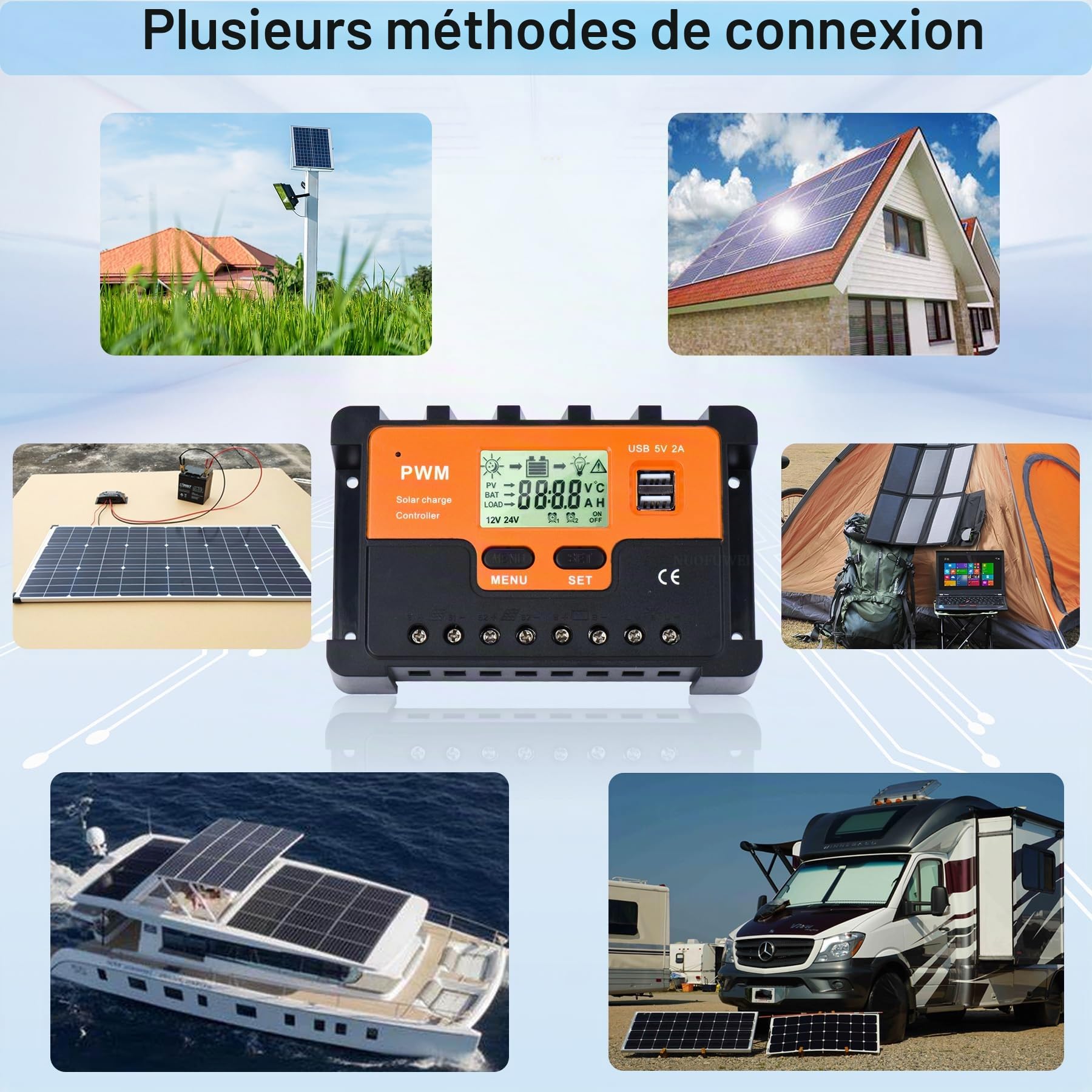 PWM 60A Contrôleur de Charge Solaire 12V 24V 48V Identification Automatique, 60A Régulateur Charge Solaire avec Affichage Rétroéclairé Capteur Température, pour Plomb Acide Batterie lithium Batterie