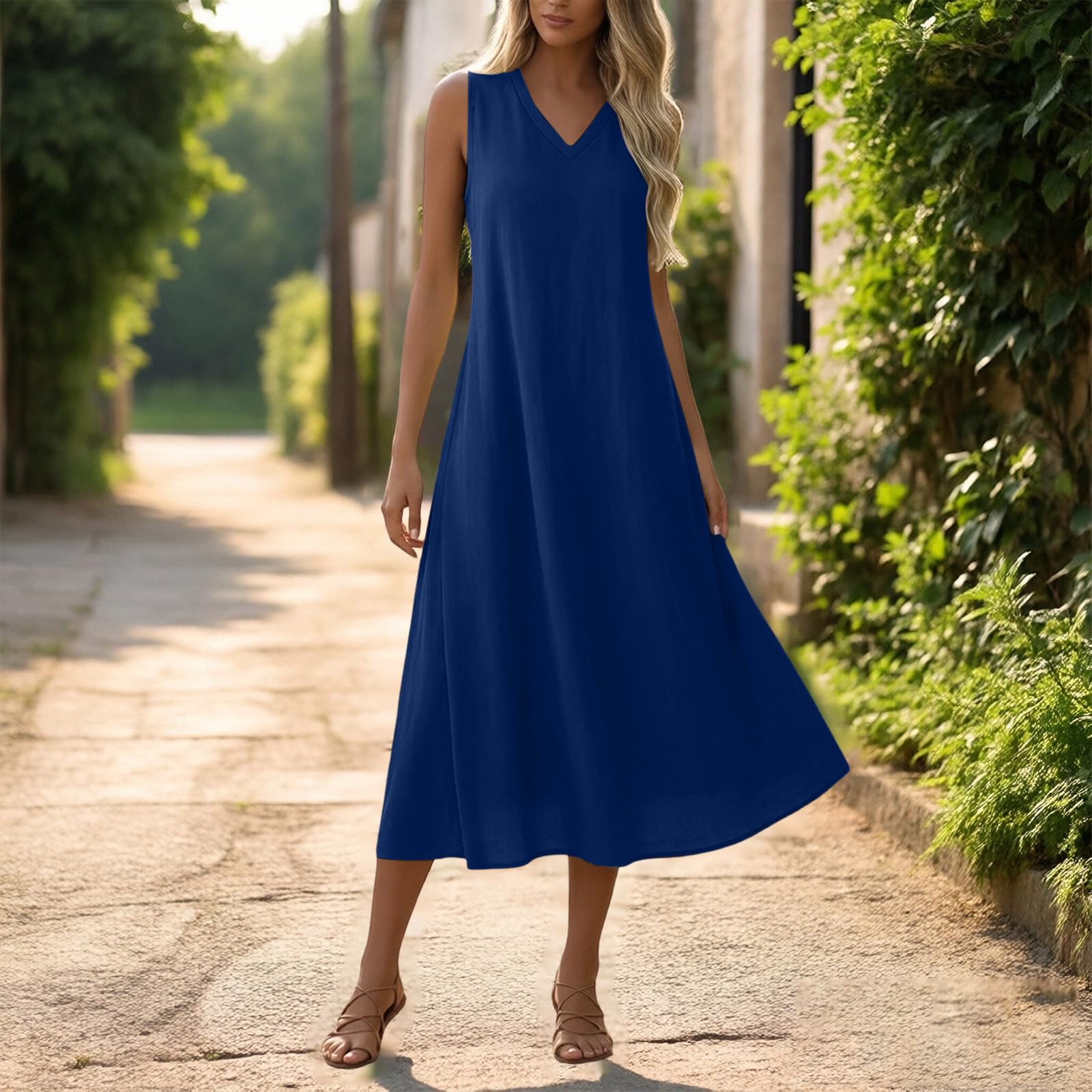 Boho Dress Abito Lungo Elegante da Donna Estivo Senza Maniche con Scollo a V e Tasca Posteriore con Cerniera. Abito Giallo