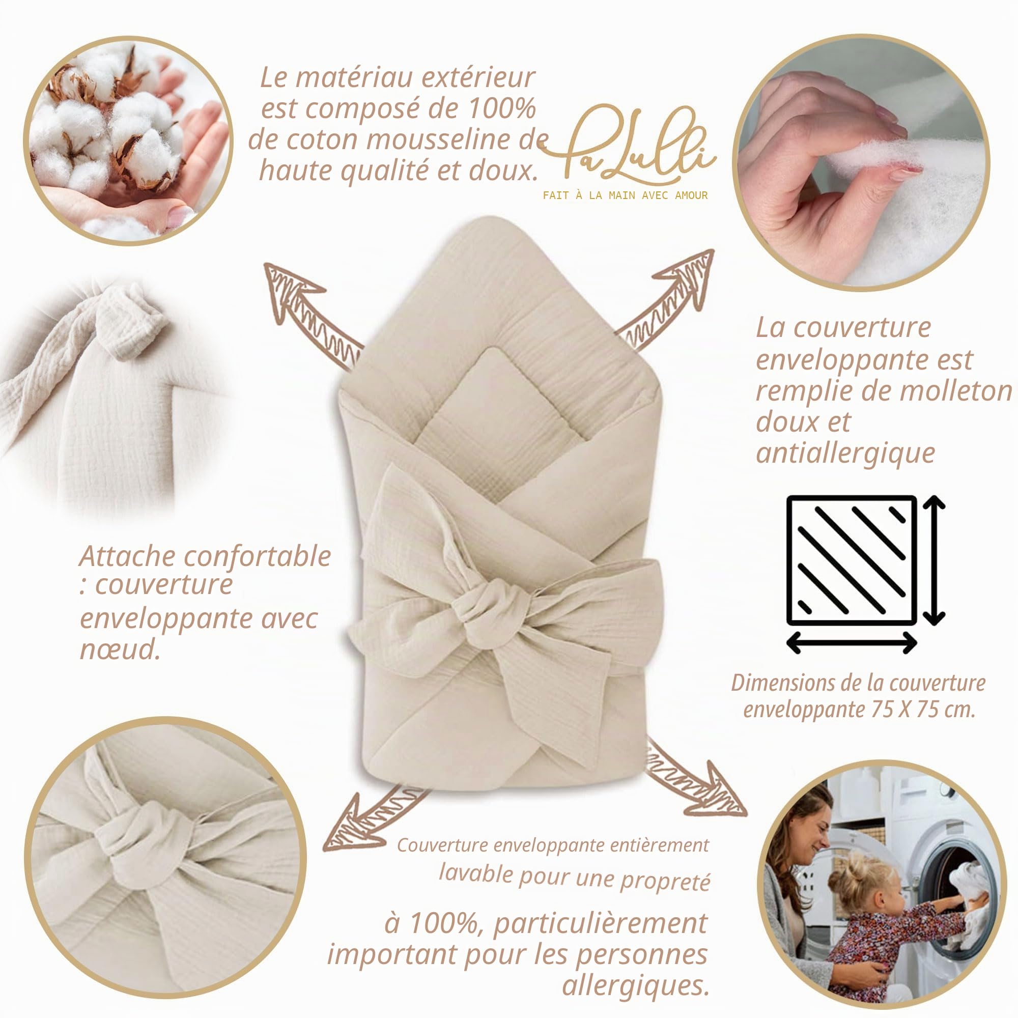 PaLulli® Ensemble 2 en 1 - Nid d'ange et nid d'ange pour bébé - 100% Mousseline - Tour de lit pour bébé garçon et Fille (Beige)