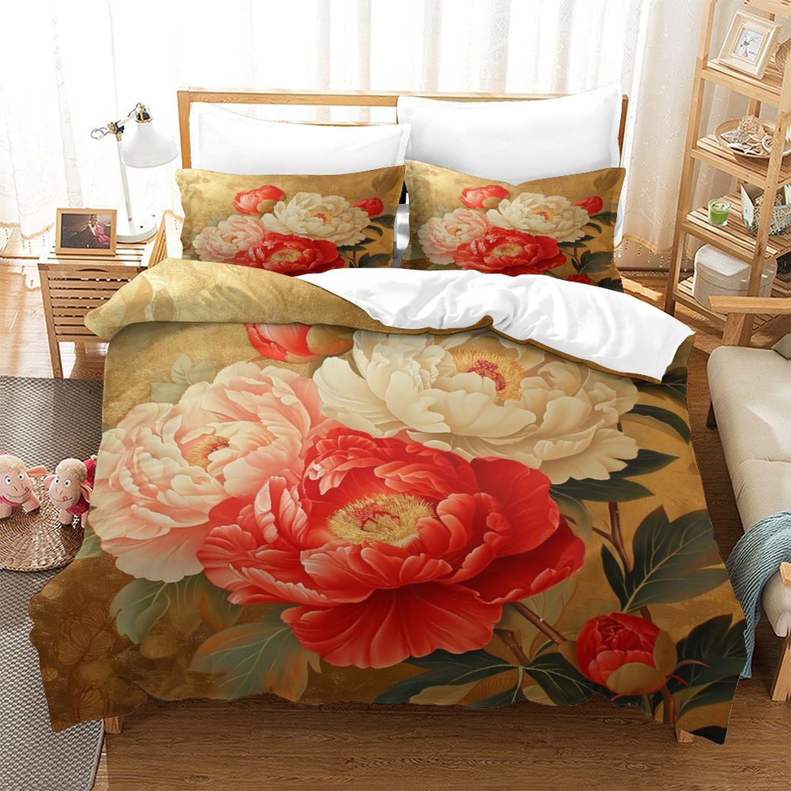 Housse de couette 3D fleurs en microfibre super king 260x220cm avec taies d'oreiller