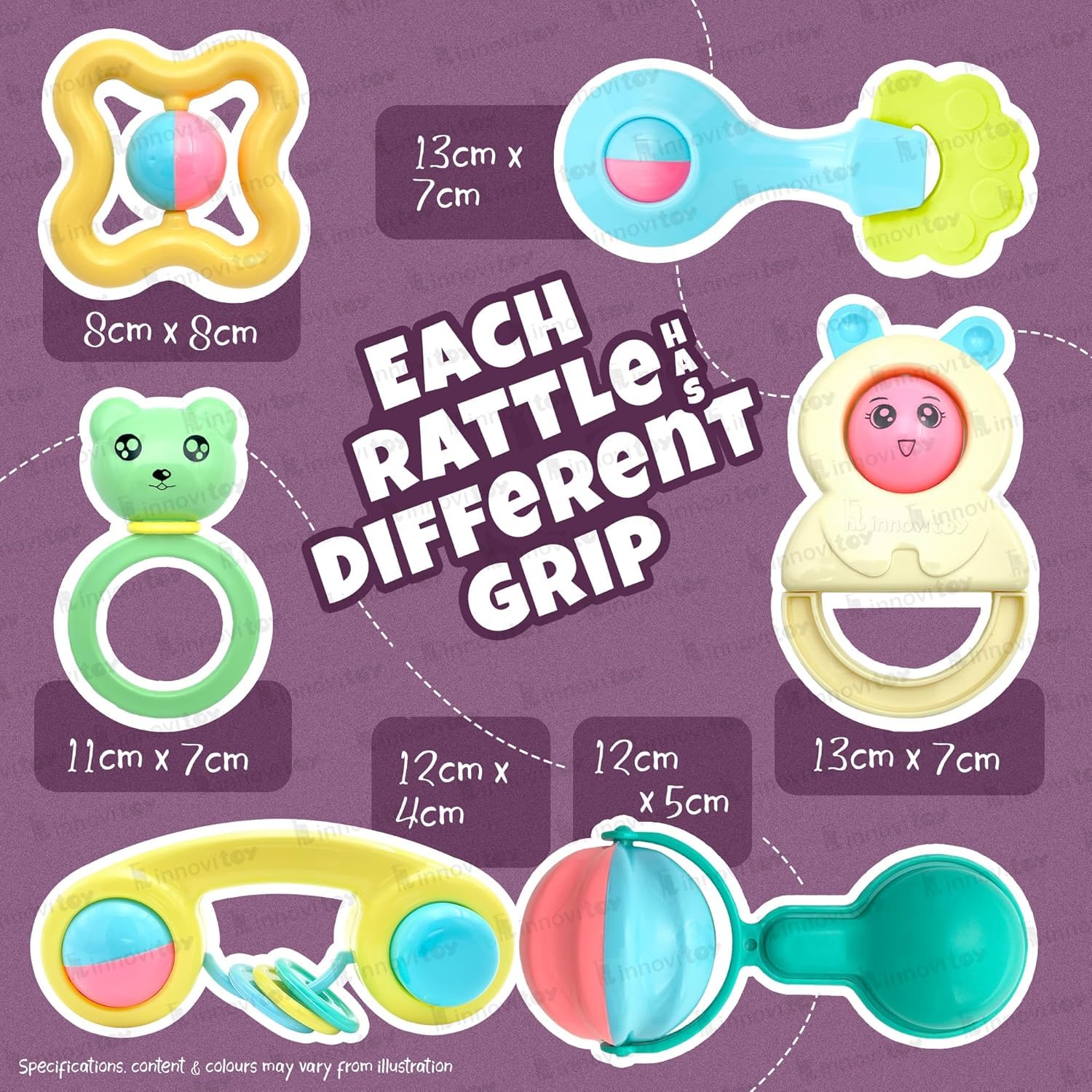 TOYIQ 6Pcs Rattles Infant Colourful Plastic Non Toxic Set of 6 Attractive Rattles and Teathers for New Borns, Baby,Kid (Multi Color) | Premium Gift Set for Baby 3