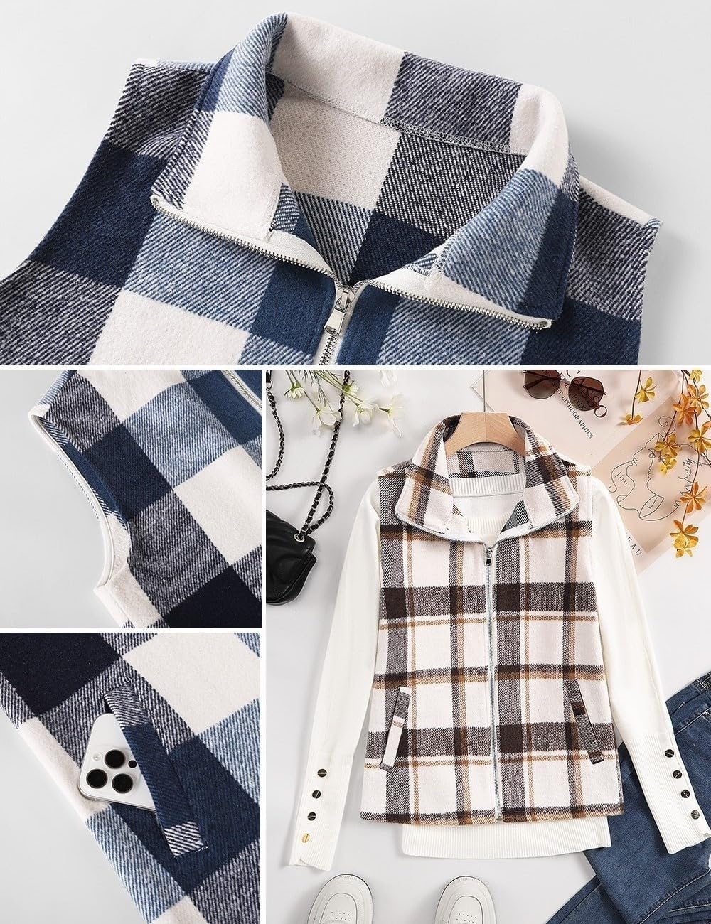 Rapbin Women's Plaid Outerwear Vests Tops Zip Up Collared Sleeveless Jacket with Pockects - Image 7