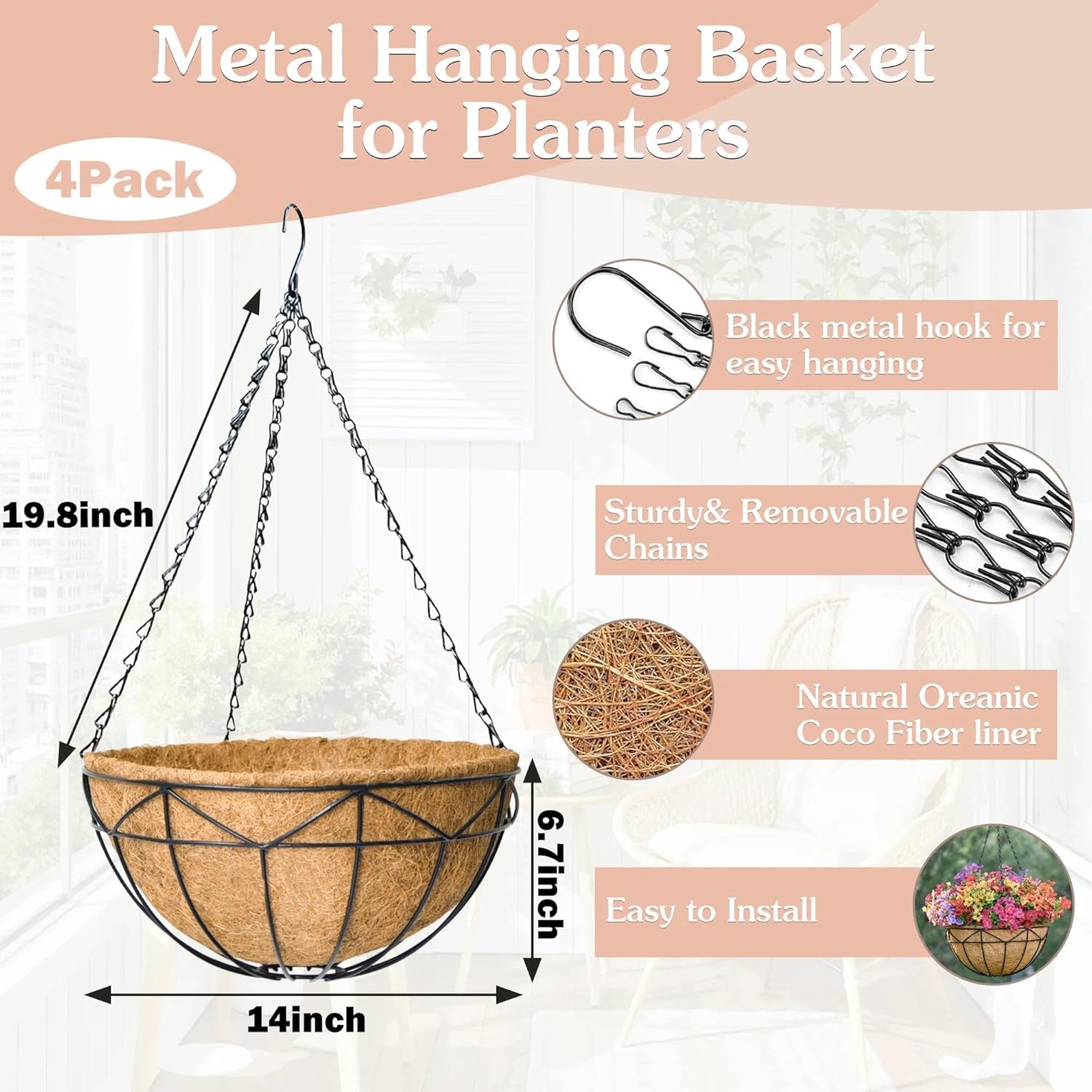 4 Pack 14 inch Wire Hanging Planter Basket with Coco Coir Liner Hanging Flowers Planters for Indoor Outdoor Decor & Planting Multi-Purpose Black Metal Pots Holder for Home Yard Balcony Gardening