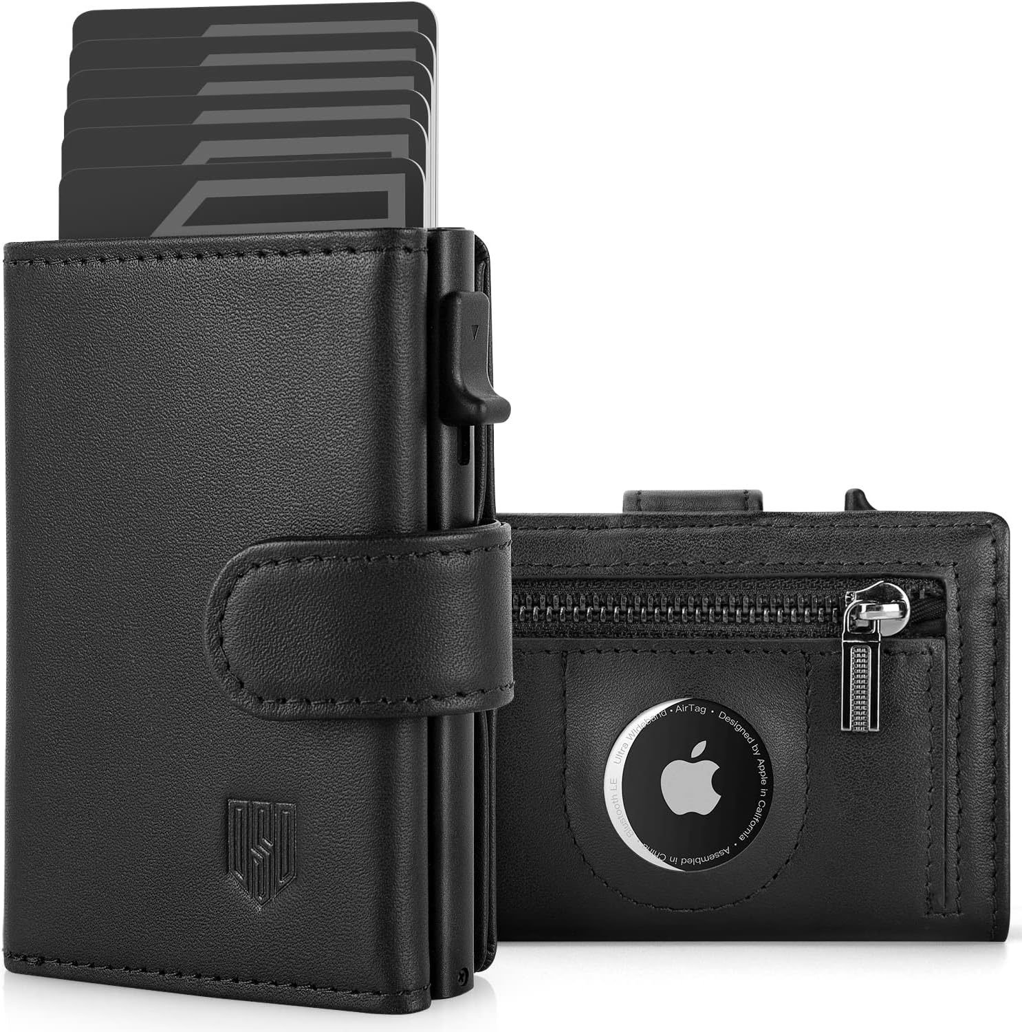 AirTag Wallet, RFID Blocking Genuine Leather Pop Up Credit Card Holder Wallet with Coin Pocket, ID Window, Banknote Compartment & Snap Closure