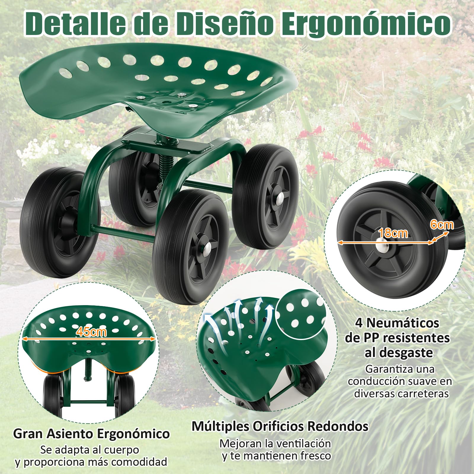 GOPLUS Asiento de Jardín con Ruedas, Taburete Móvil para Jardinería con Asiento Giratorio de 360° y Altura Ajustable 28-40 cm, Carrito para Trabajo en Jardín Patio Césped, hasta 150 kg