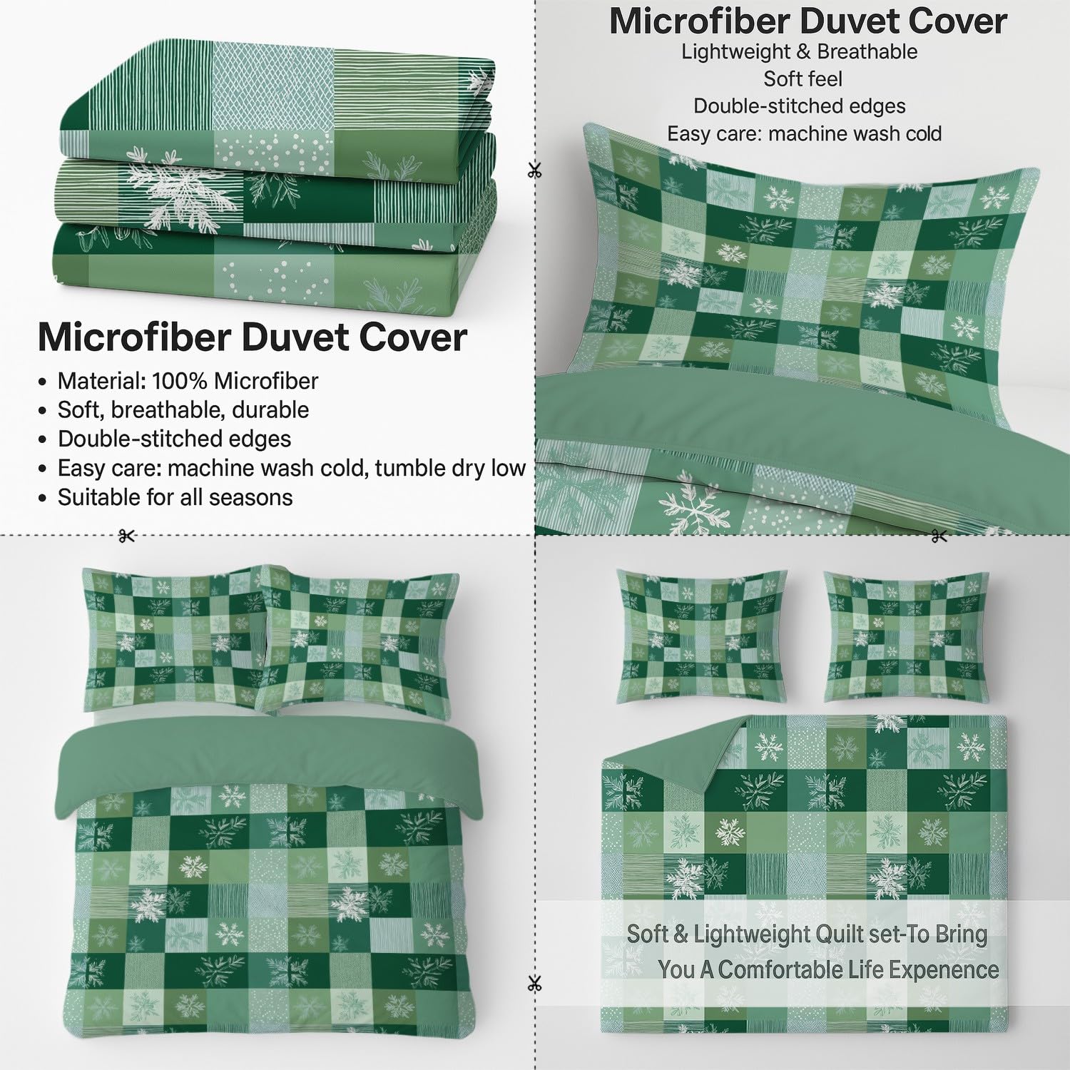 Generico Set Copripiumino Matrimoniale 220 x 240 CM 3 Pezzi Include 2 federe 80 x 80 CM Fresco quadretti fiocco di neve Set di Biancheria da Letto in Microfibra Traspirante e Caldo-Verde