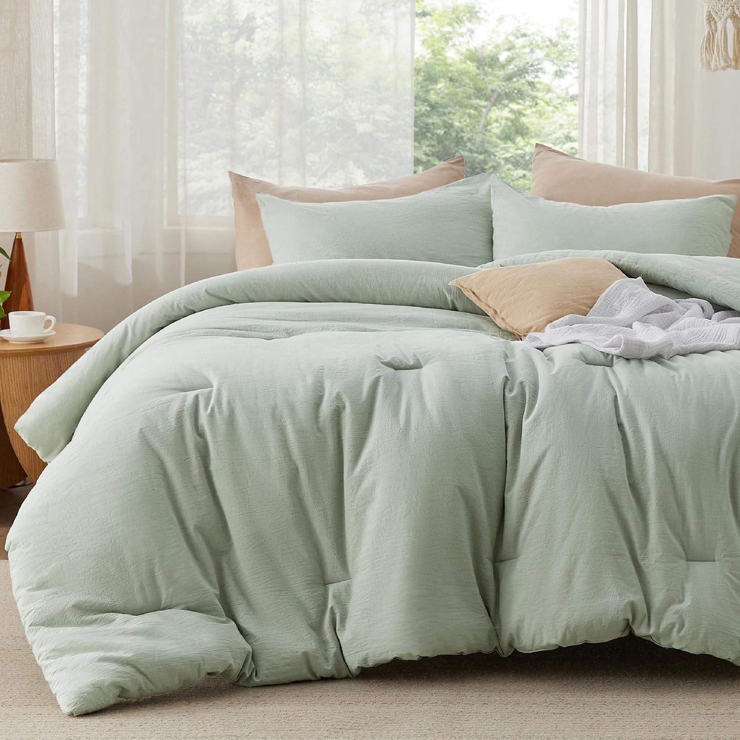 bedsure comforter set king size - cotton fabric with microfiber inner fill, sage green soft bed set for all seasons, 3 pieces, 1 comforter (104" x 90") and 2 pillow cases (20" x 36") 08 - sage green king