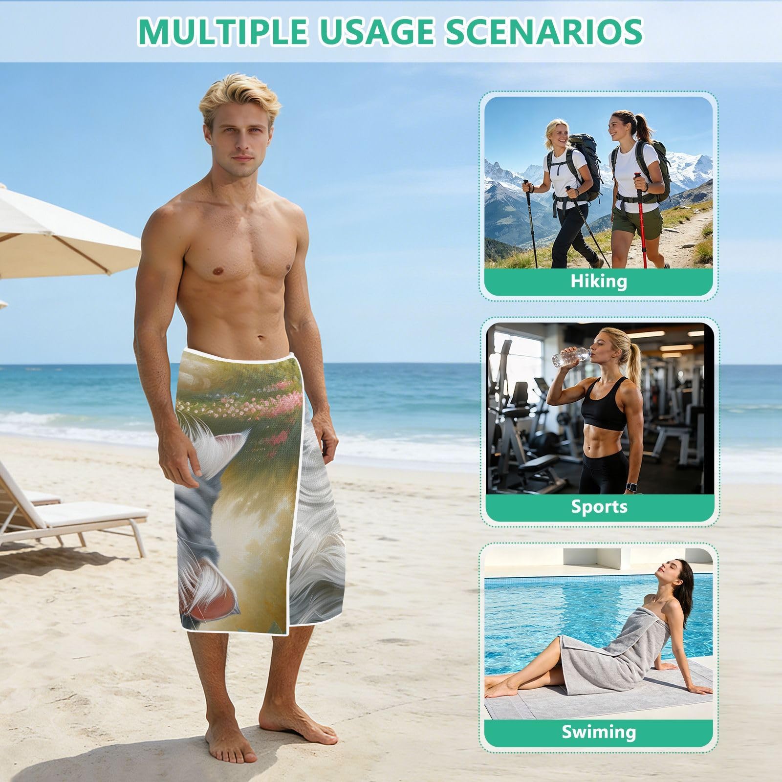 Grande serviette de plage avec sacs en maille pour adultes, motif chat dans des roses, serviette de bain avec fermeture magnétique, anti-sable, absorbante à séchage rapide, pour piscine, camping