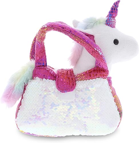 DolliBu Bolso transportador de mascotas reversible de unicornio rosa, con lentejuelas, color blanco, suave, para niñas pequeñas, lindo juego de