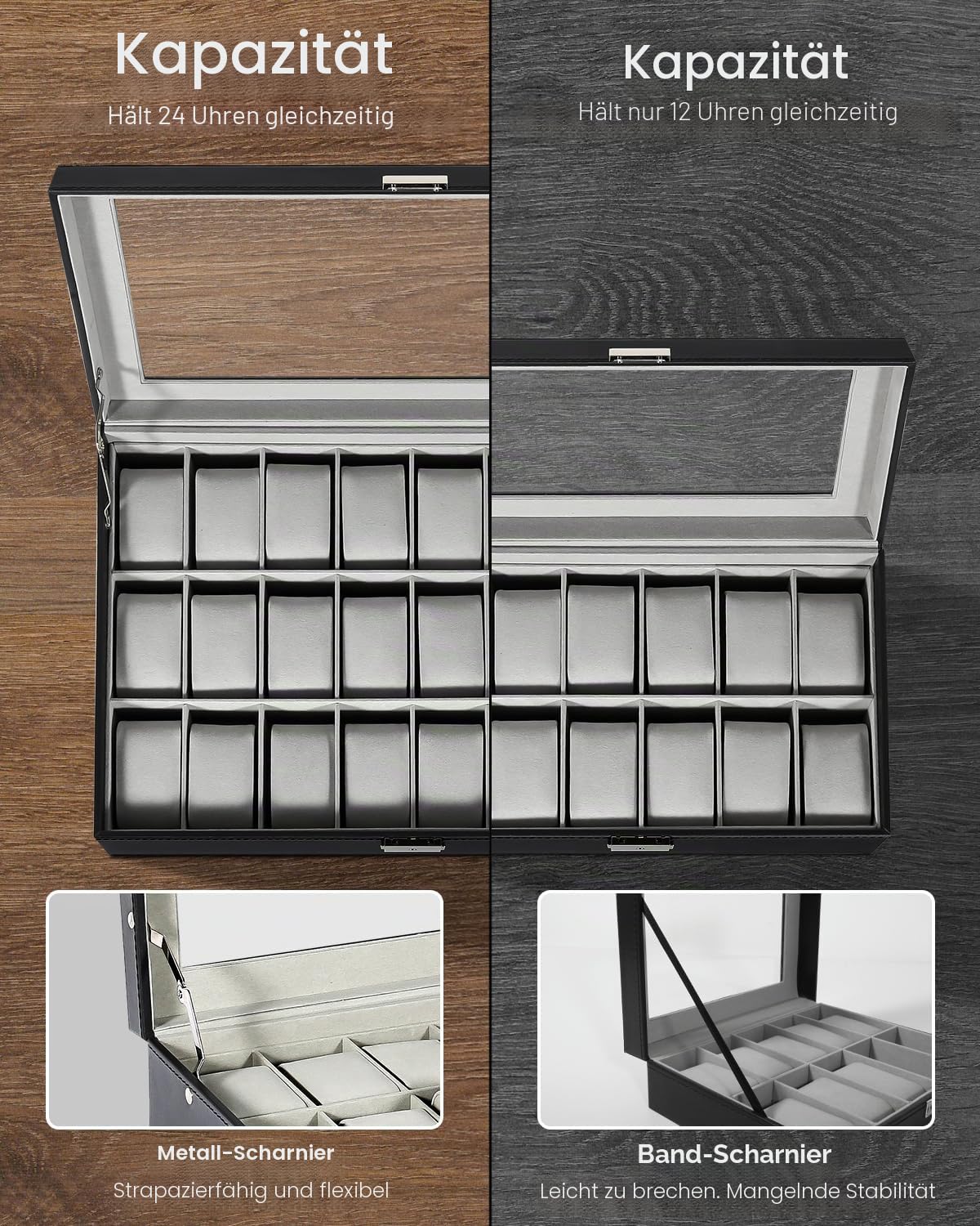 Mbuynow Uhrenbox 24 Uhren Uhrenkoffer Herren Uhrenbox Damen Uhrenkasten Herren Uhrenvitrine abschließbar für 24 Uhren aus kunstleather