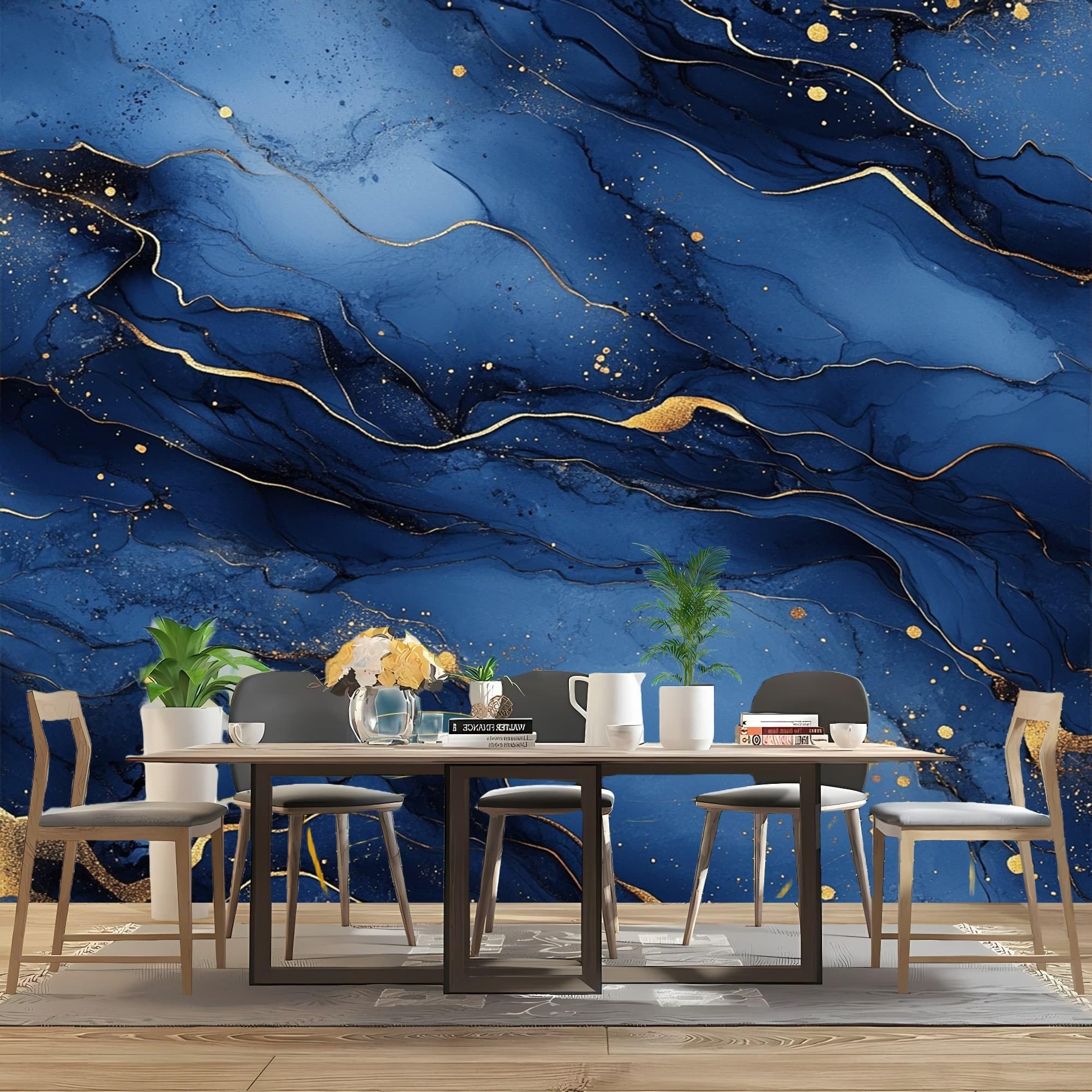 Tapeta panoramiczna 350 x 256 cm, luksusowe linie marmuru, fototapeta, neutralna zapachowa i usuwalna, bezszwowe łączenie, "zrób to sam", obraz ścienny, niebieska, do salonu, wynajmowanego mieszkania