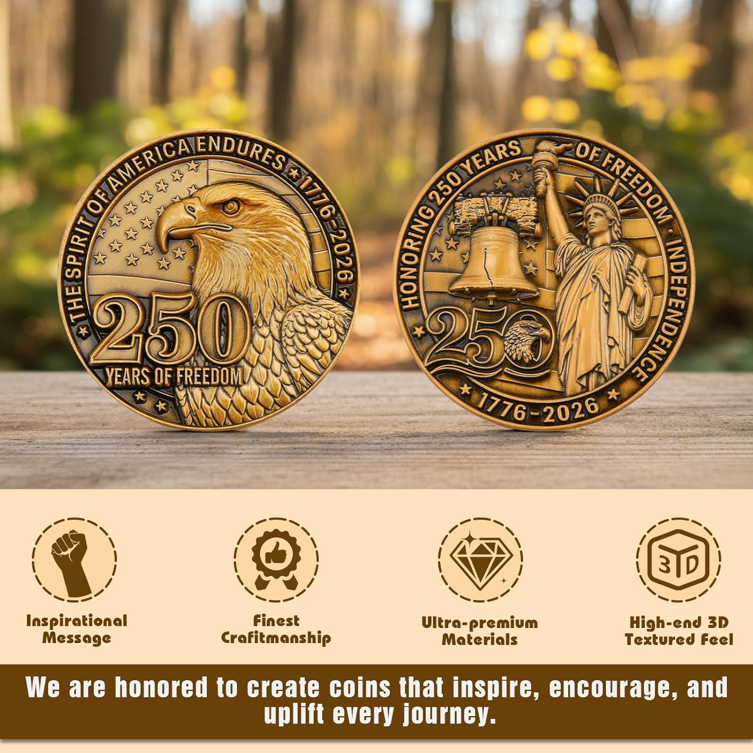 America 250th Anniversary Commemorative Coin,Patriotic Bald Eagle,Liberty Bell & Statue of Liberty Token Honoring U.S. Independence,1776–2026 Patriotic Freedom Challenge Coin(5 Pack)