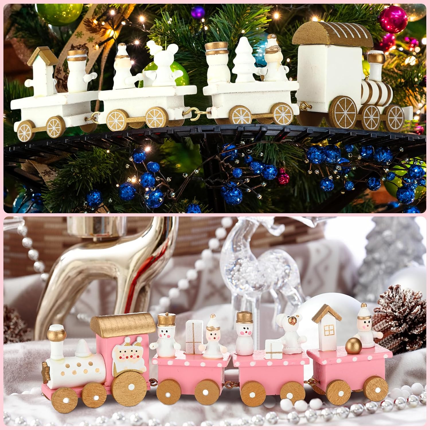 Syhood 4 Pcs Pink Christmas Wooden Train Mini Painted Train Decoration Around Tree for Kids Wooden Desktop Ornament for Xmas Party Winter Festival Gift