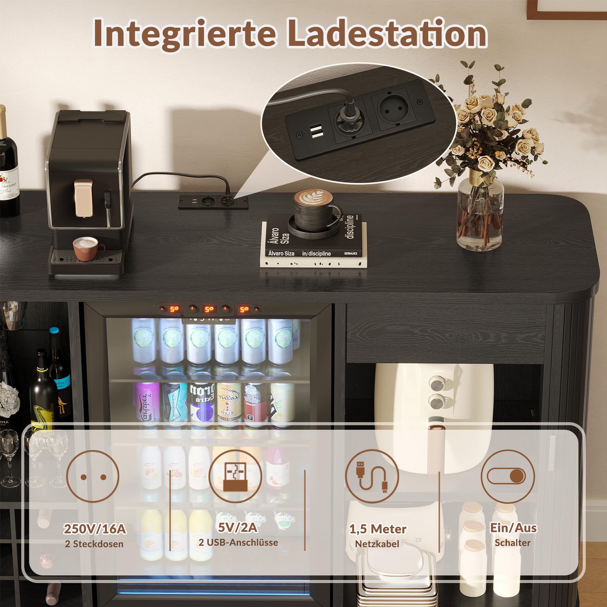 130 cm langes, geriffeltes Buffet-Sideboard mit Kühlschrankfach, Retro-Weinbarschrank mit Rolltüren, verstellbaren Einlegeböden und Weinregal für Küche und Esszimmer