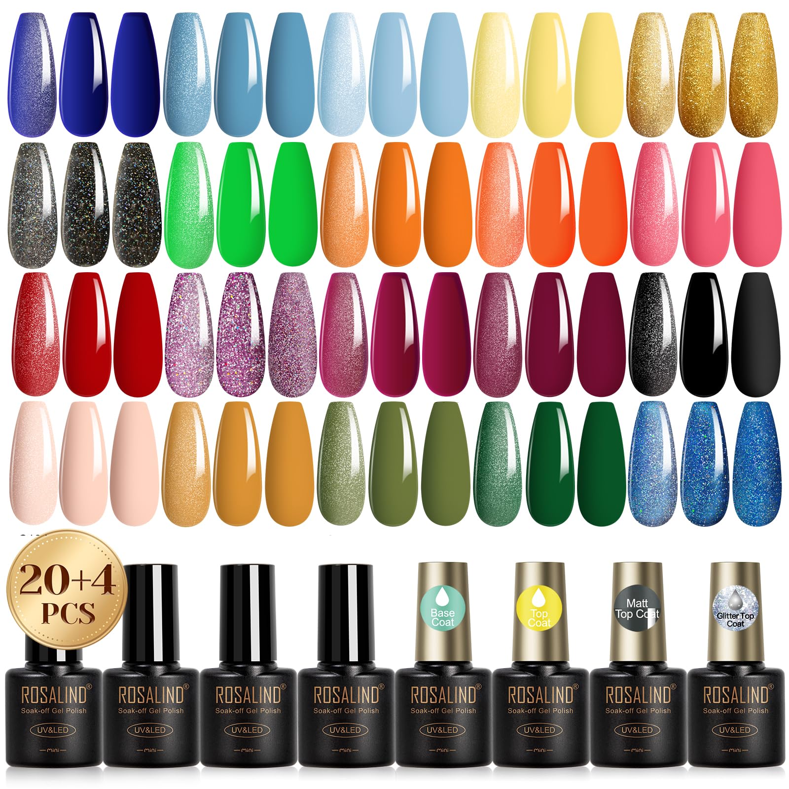 ROSALIND24Pcs All Seasons Gel Nail Polish Set with Glossy Glitter Matte Top Base Coat DIY at Home Salon Nail Art
