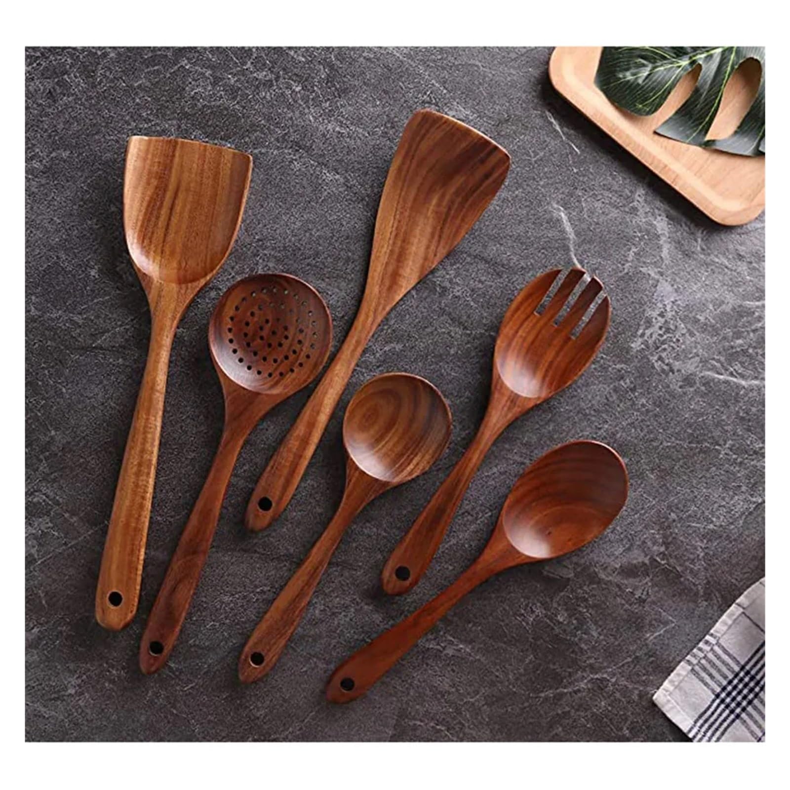 Juego de utensilios de cocina de madera, sartén antiadherente, cucharas y espátulas de madera.(6pcs)