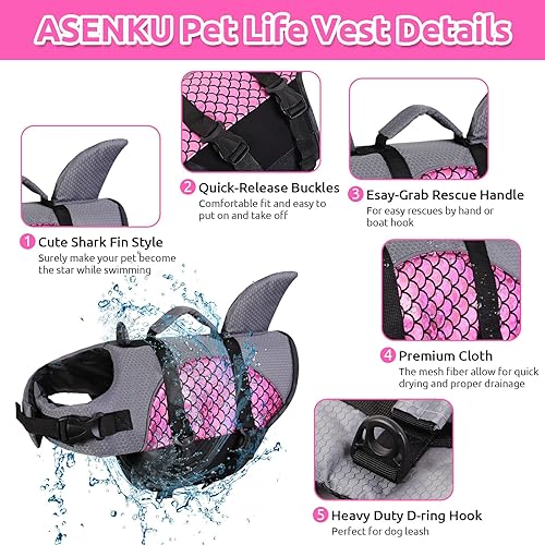 Miniatura 5 de ASENKU Chaleco salvavidas para perros con tiburón, chaleco salvavidas ajustable antidesgarros, chaleco de seguridad para nadar con flotabilidad