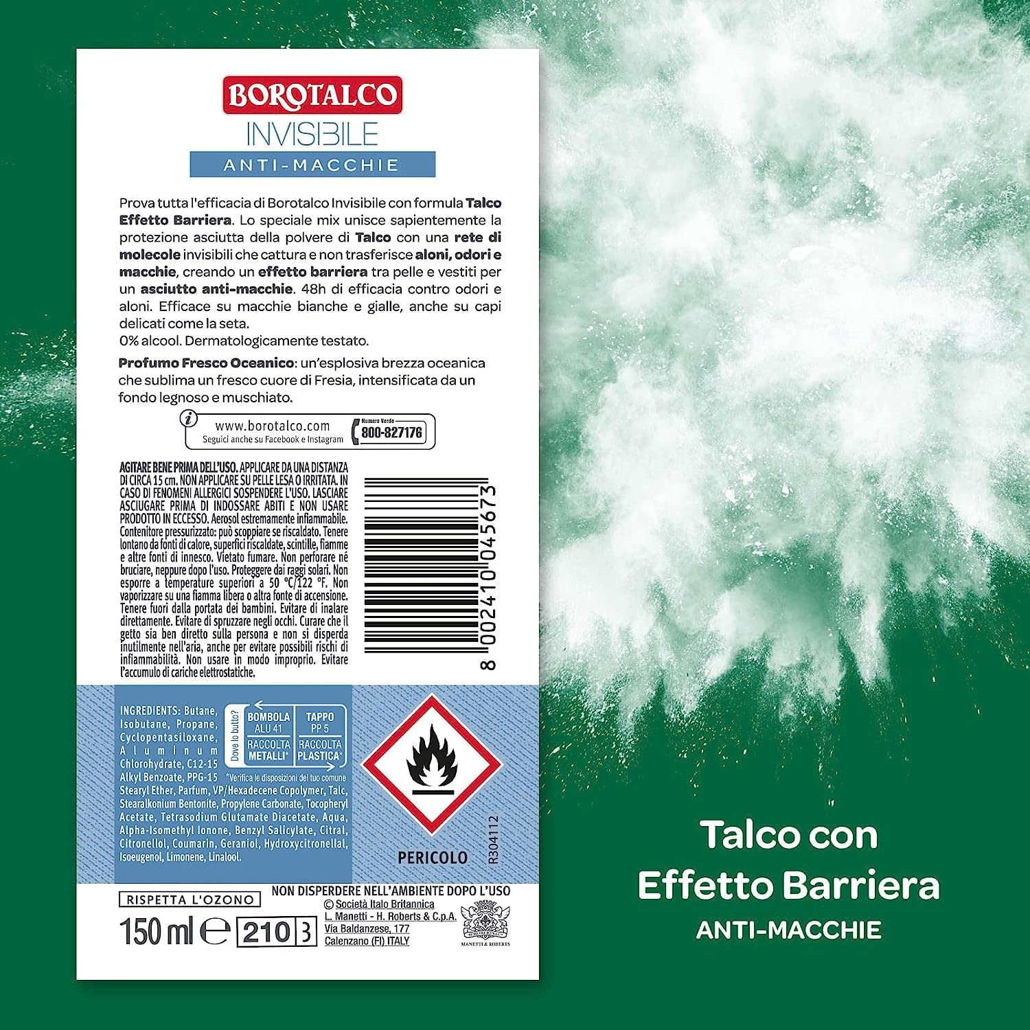 Borotalco - Desodorante en aerosol azul invisible, fórmula sin alcohol con talco de efecto barrera, no detecta ni transmite Aloni 48H, perfume oceánico fresco de 150 ml + Polpa italiana Gourmet 400 g