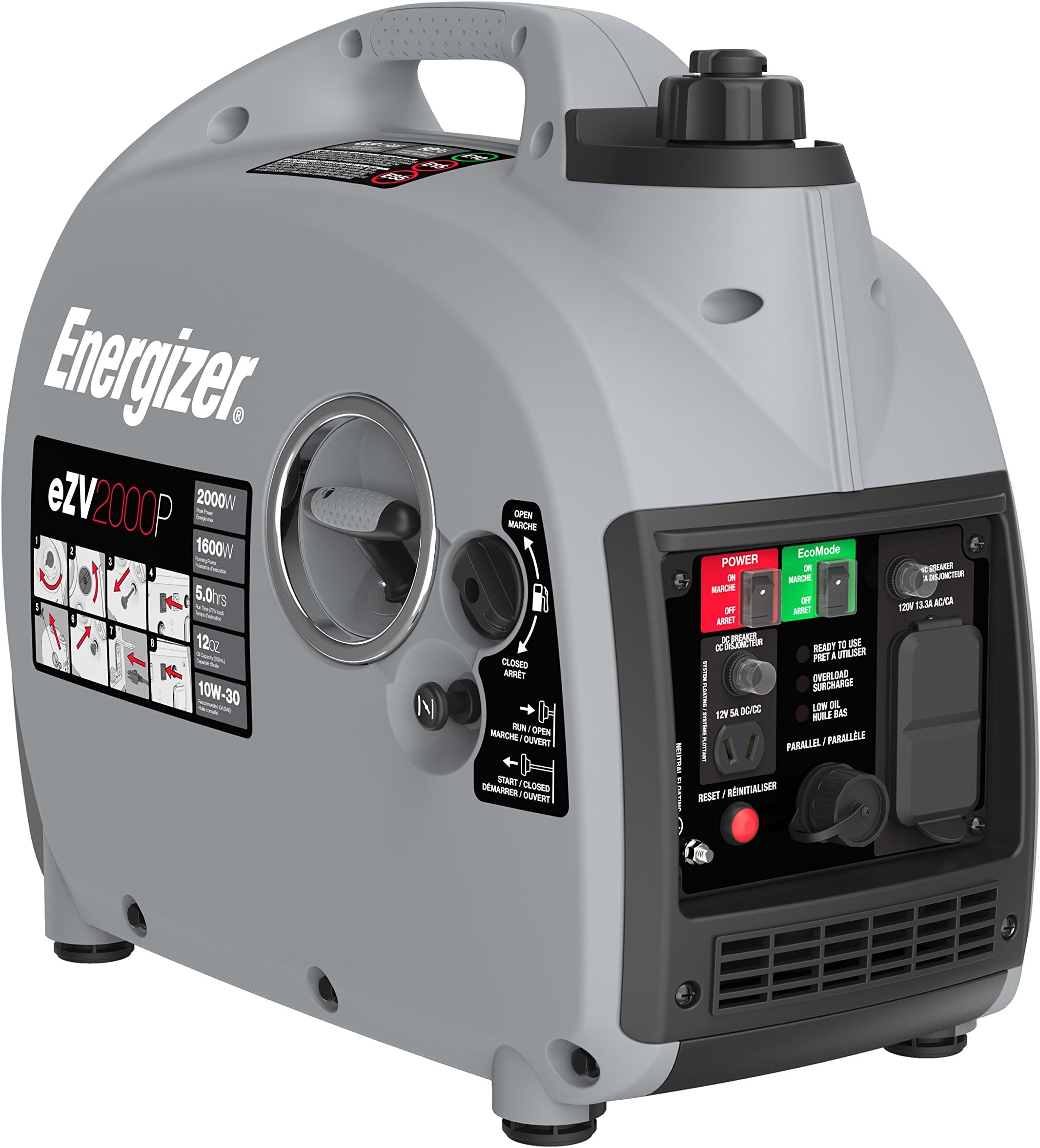 Energizer eZV2000P 2000W Gas Powered Portable Inverter Generator with Parallel Capability, Grey Black