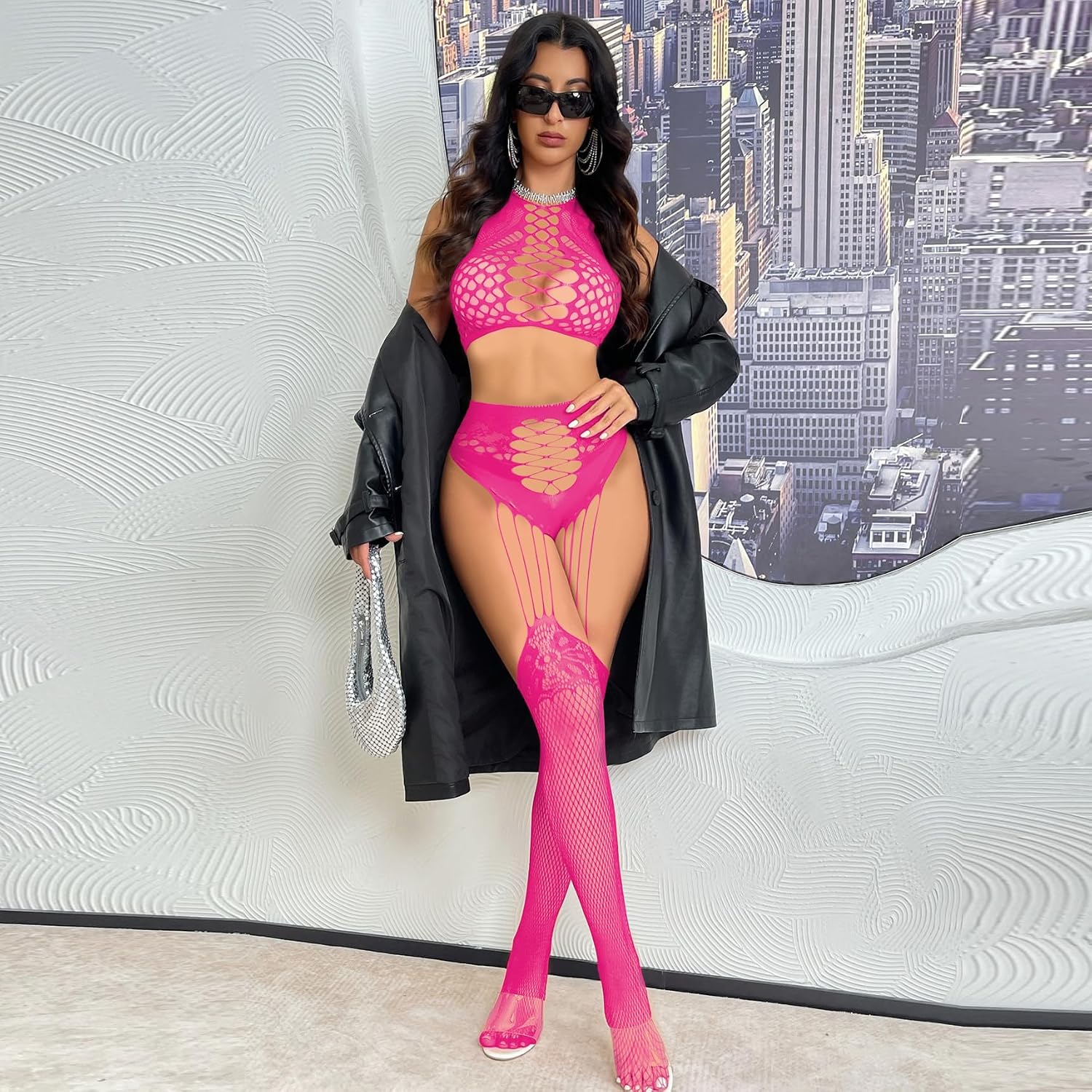 Women's Exotic Lingerie Sets for Women Sexy Top Fishnet Thigh High Stockings Two Piece Set Sheer Tights
