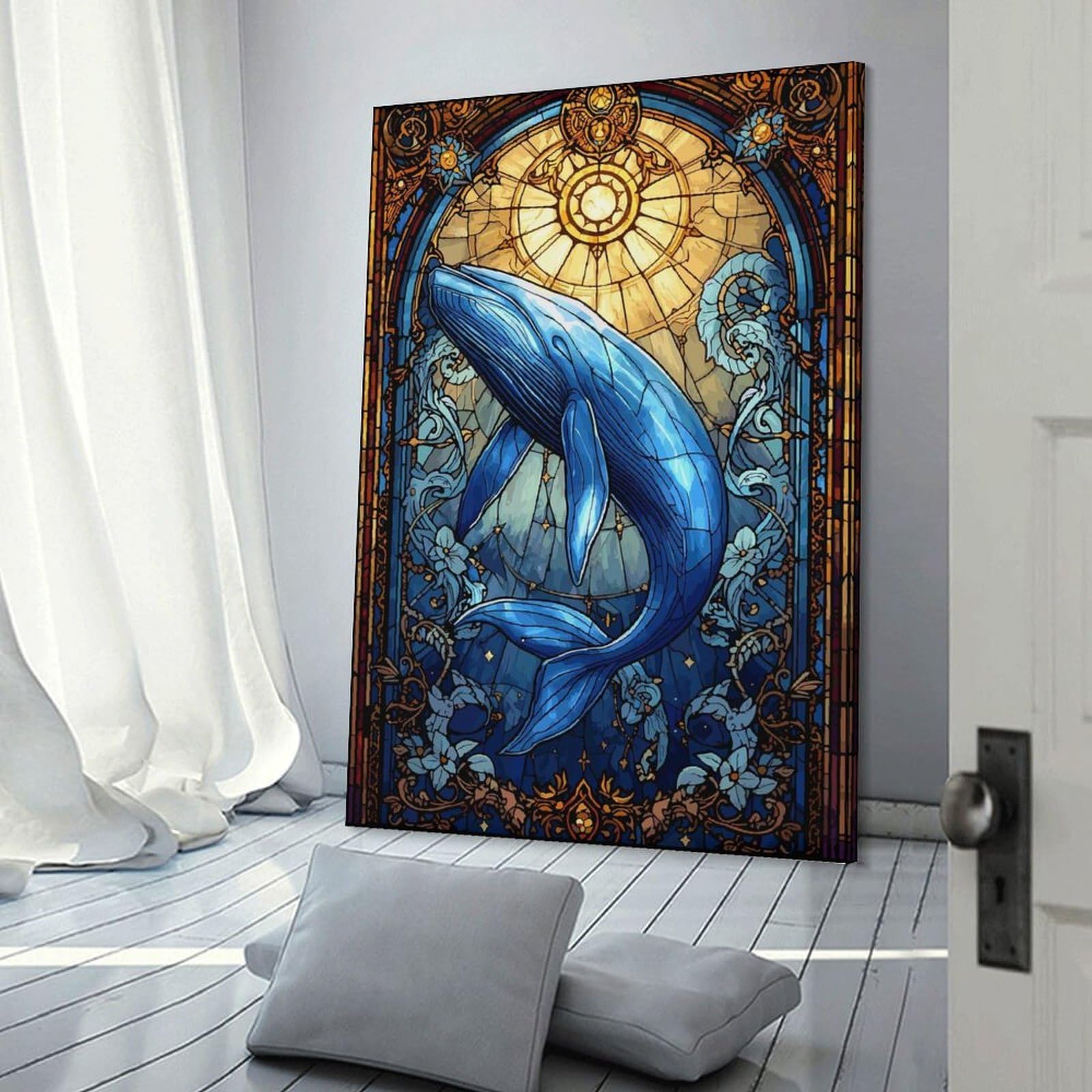 Junmoney Frame-Style-15 Whale Stained Glass Hanging Wall Art, 20X30inch(50X75cm), For Entrance Walls, Hall Decor Or Foyers, Wall Decor To Refresh Empty Corners