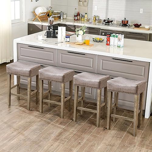 Miniatura 8 de Juego de 4 taburetes de bar de altura de mostrador con asiento de sillín, taburete de bar sin respaldo para isla de cocina, silla de bar de piel