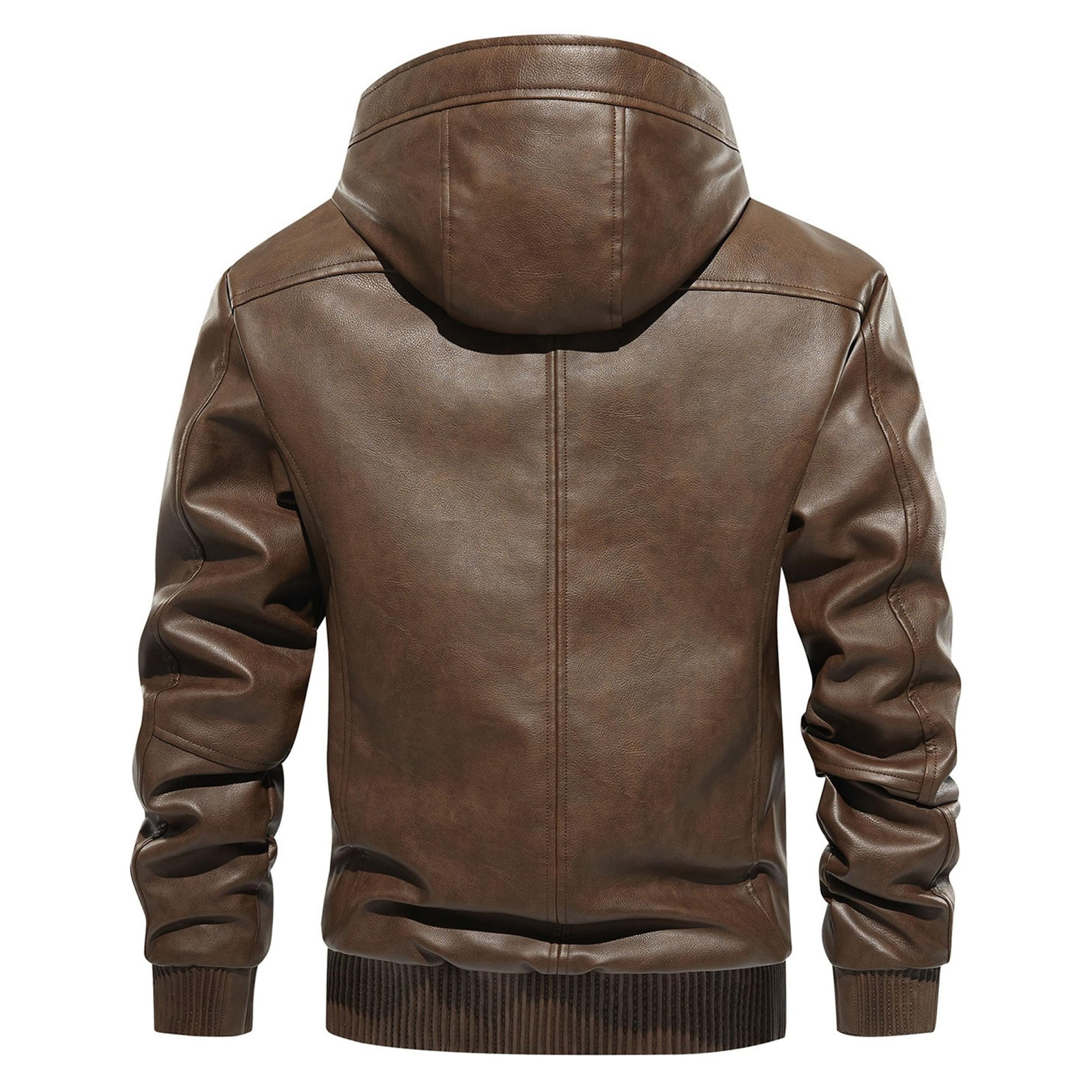 Chaqueta de motociclista de piel sintética cálida para hombre, con forro polar y capucha, abrigo invierno estilo motero, elegante abrigo para hombre