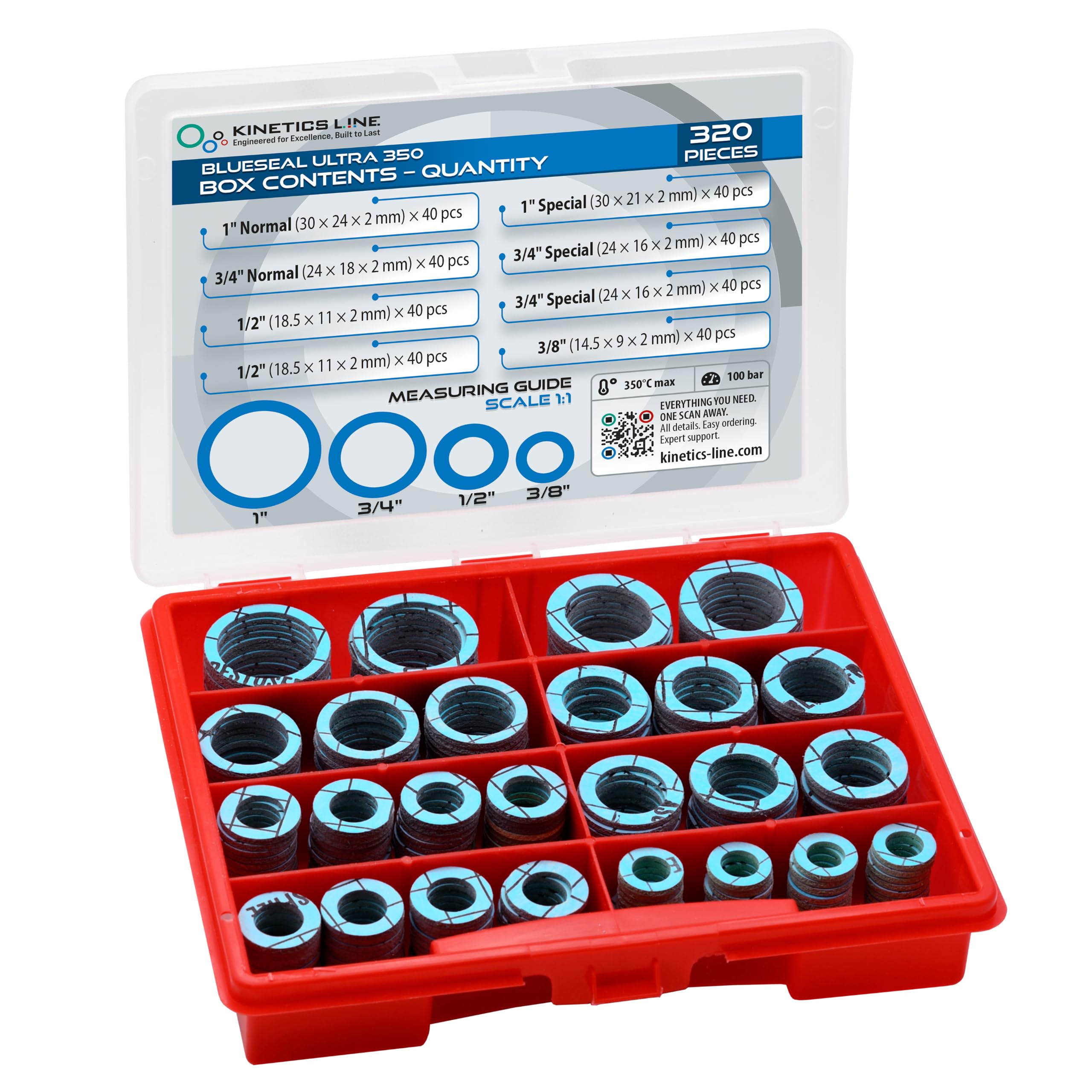 Dichtungsbox, 320 Stück Aramid-Flachdichtungen, 3/8-1 Zoll, bis 350 °C