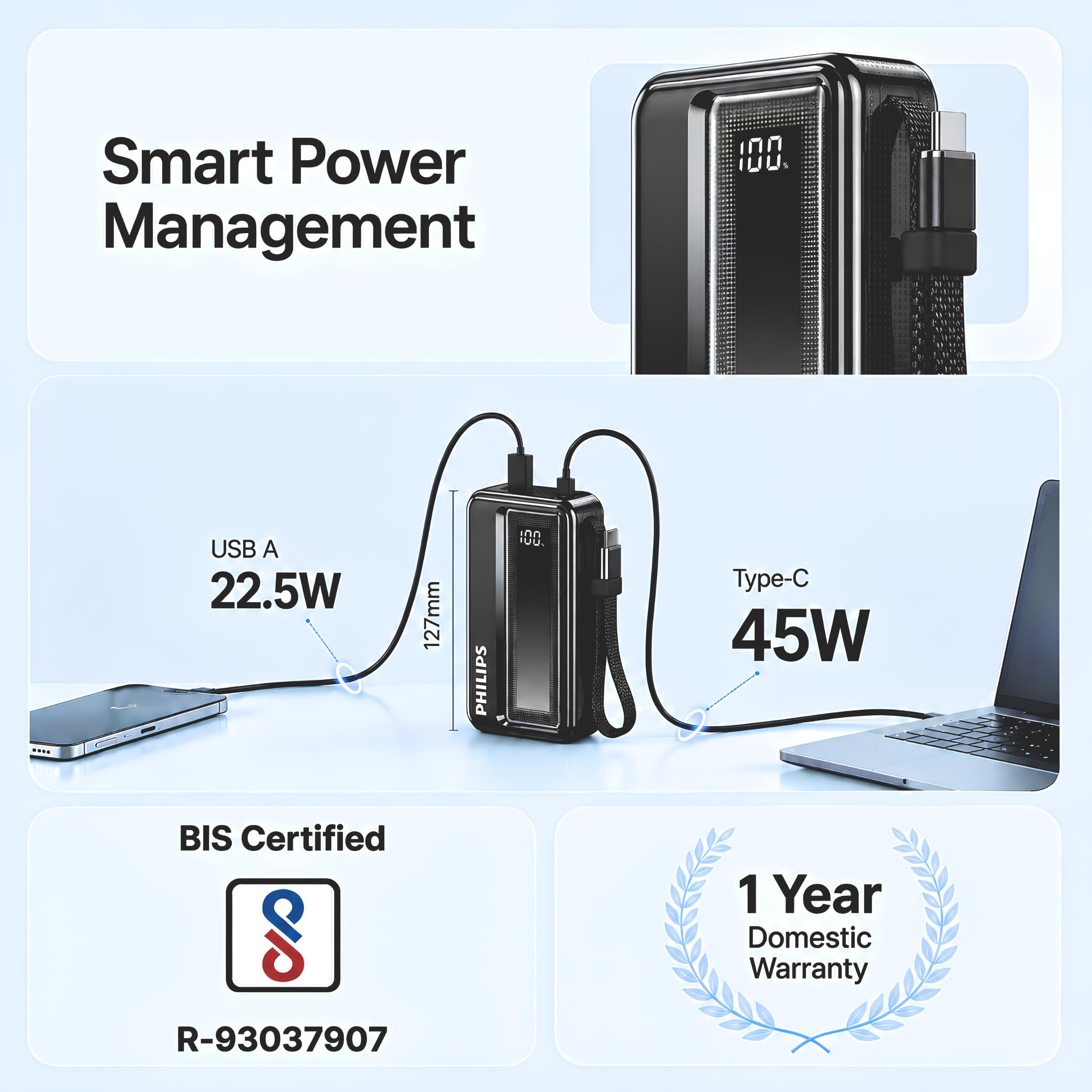 Philips DLP2721NB/94 20000mAh 45W Fast Charging Power Bank with Built-in Type-C Cable (Dark Slate) | Digital LED Display | Lithium Polymer | 2 Type-C & USB-A | Pocket Size | Compact & Travel-Friendly — Amazon image 10