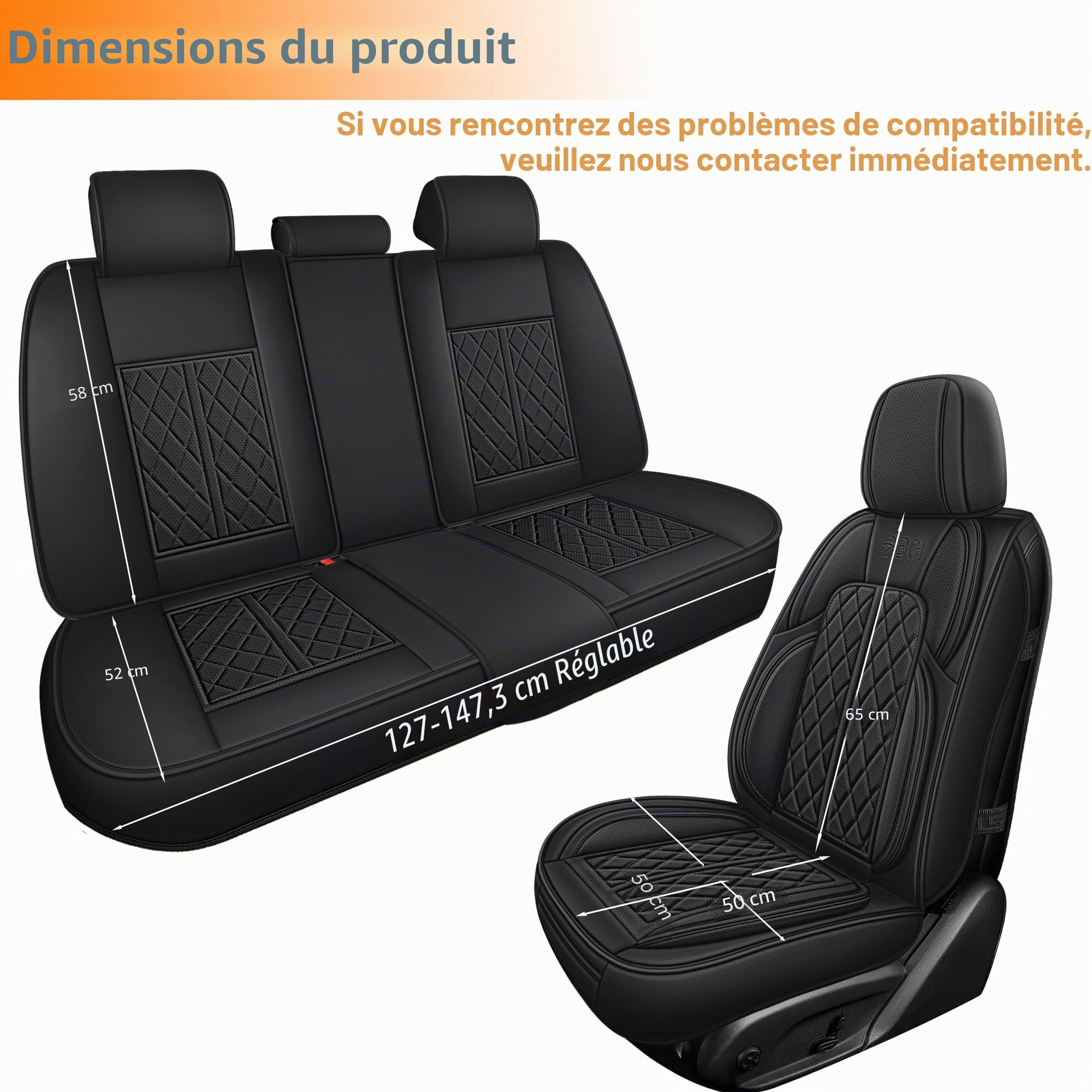 Housse de Siege Voiture Cuir Universelle pour Voitures, VUS, Berlines - Antidérapantes et Respirantes (Noir, Ensemble Complet)