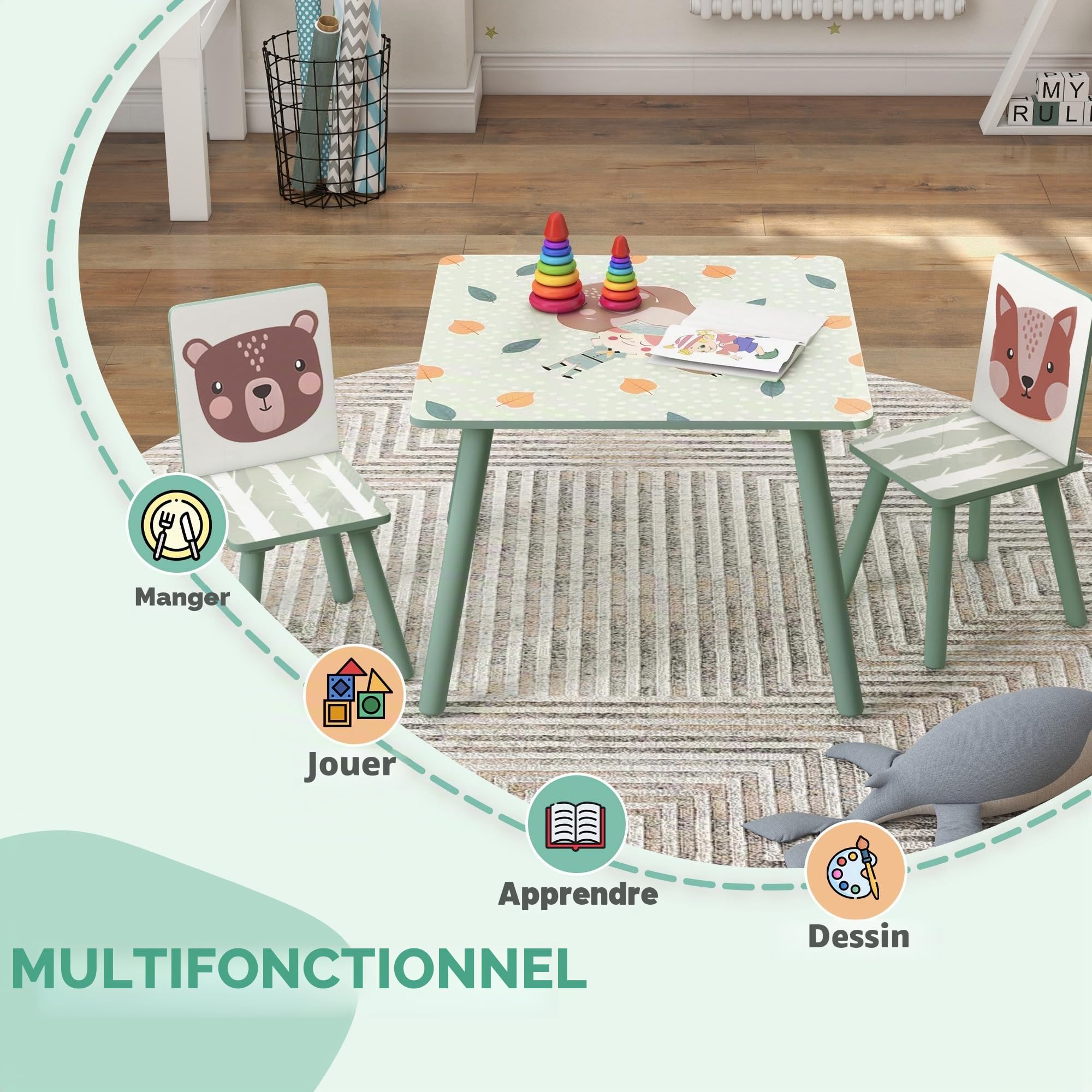 ZONEKIZ Table Enfant 2 chaises 3 pièces Motif Animal 3-8 Ans Vert