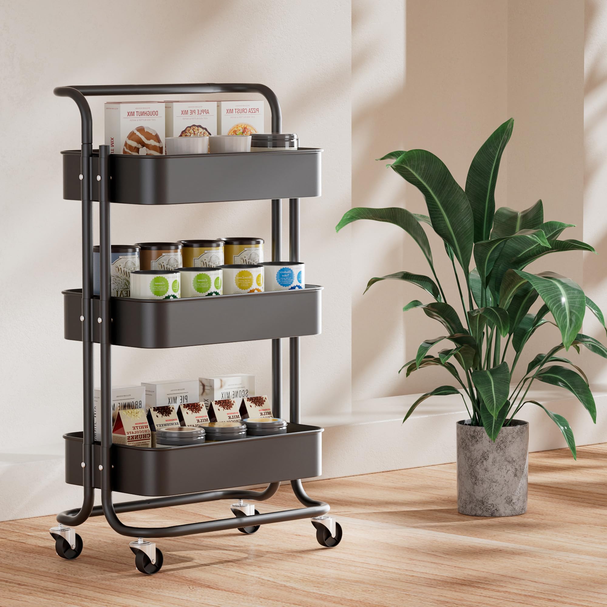 Chariot de Service Chariot de Cuisine Étagère de Cuisine, Chariot Multi-Usage Amovible, avec poignée et roulettes verrouillables, Convient pour la Salle de Bain et la Cuisine, Noir