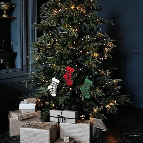 Miniatura 10 de Surblue Paquete de 3 medias navideñas de dibujos animados de 17.7 pulgadas, calcetines rústicos de Papá Noel, decoración clásica para decoración