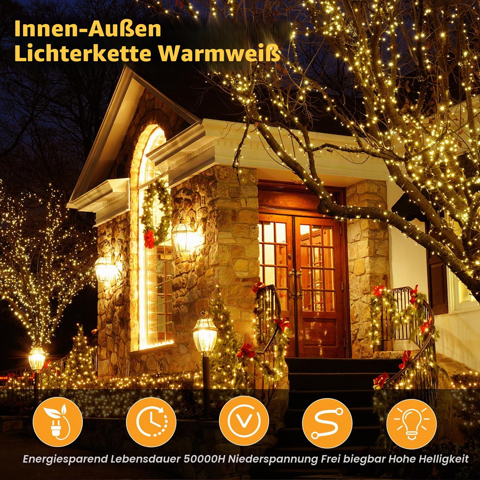 Elegear 1000 LEDs Lichterkette Außen 25M Weihnachtsbeleuchtung Strombetrieb Weihnachtsdeko 8 Modi Cluster Lichterkette Warmweiß für Innen Außen Neujahr Weihnachtsbaum Party Hotel Garten Hochzeit