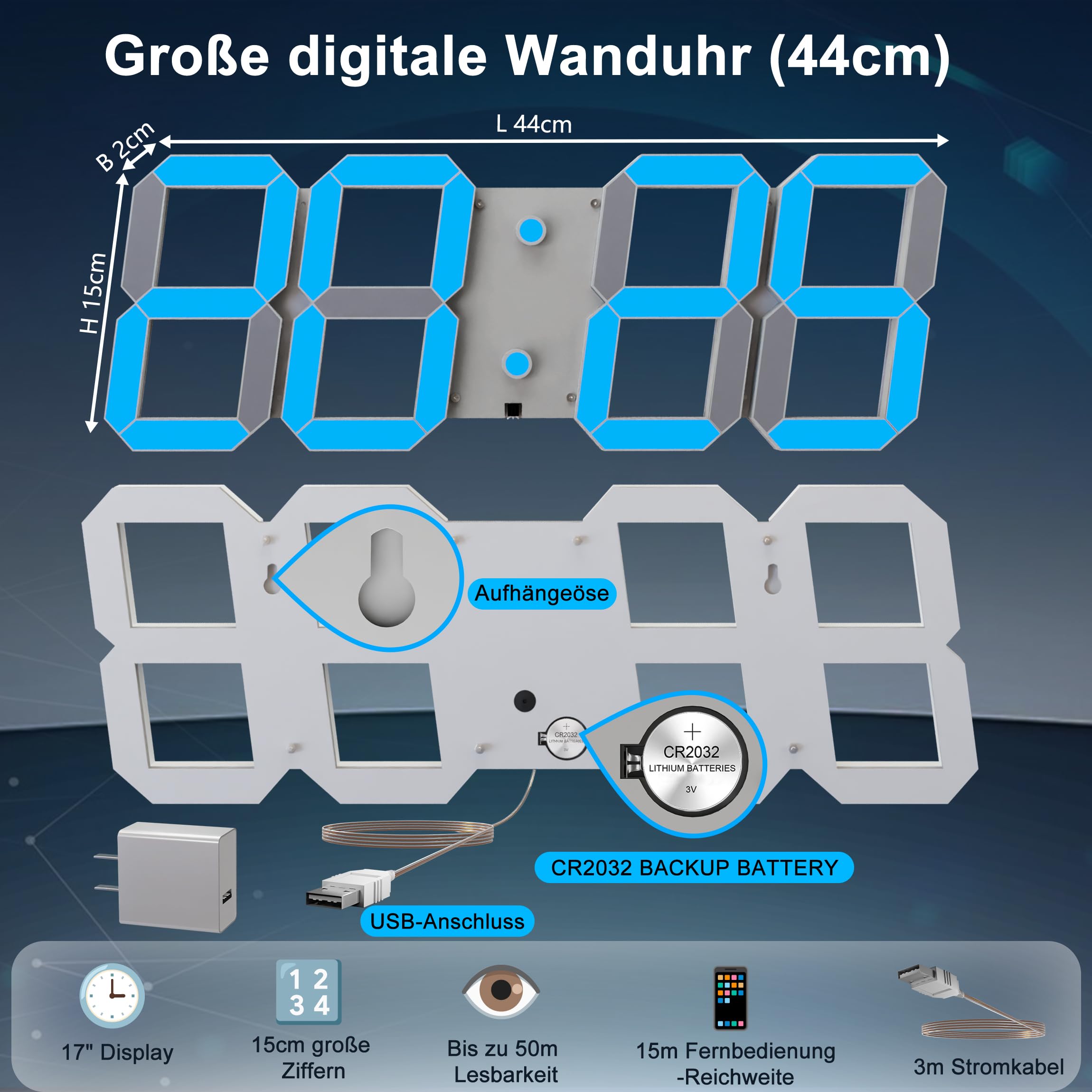 CHKOSDA Orologio da parete digitale a LED 3D, 44 cm, leggibilità fino a 50 m, bianco | cifre da 15 cm, telecomando, dimmer automatico, timer, alimentazione a rete per soggiorno, fitness, garage, ufficio, scuola.